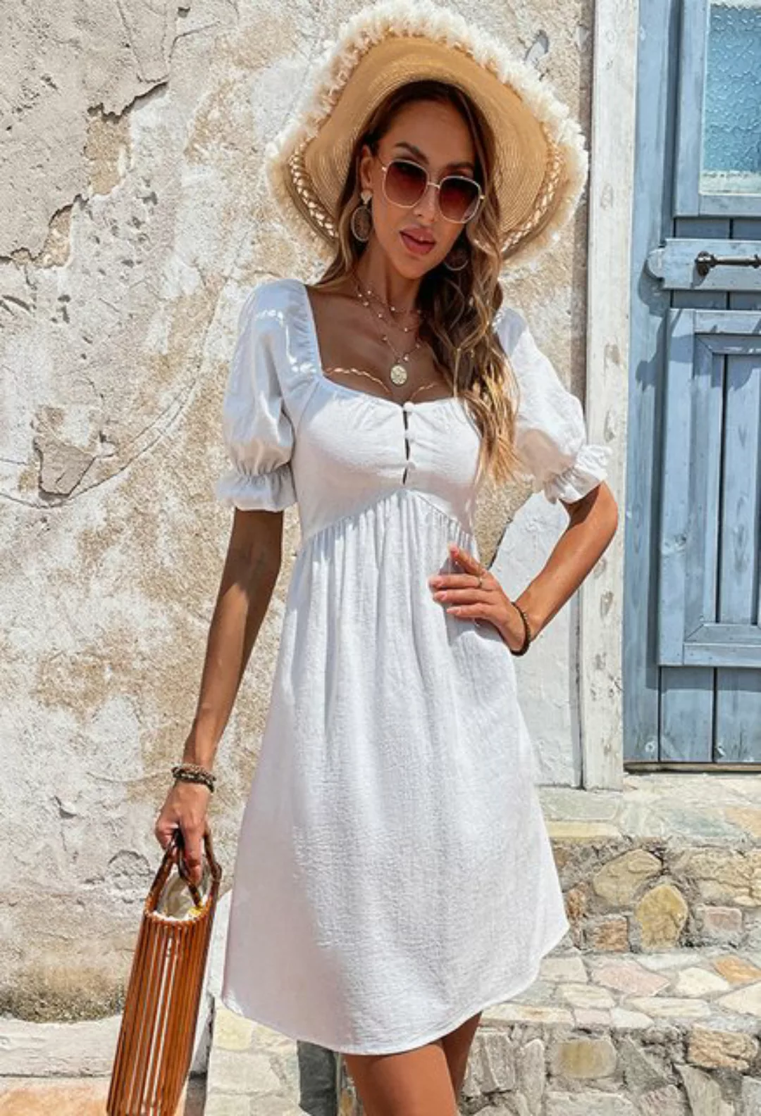 SEGUEN Sommerkleid Women's Square Neck Bubble Sleeve Taille Schließen Kurza günstig online kaufen