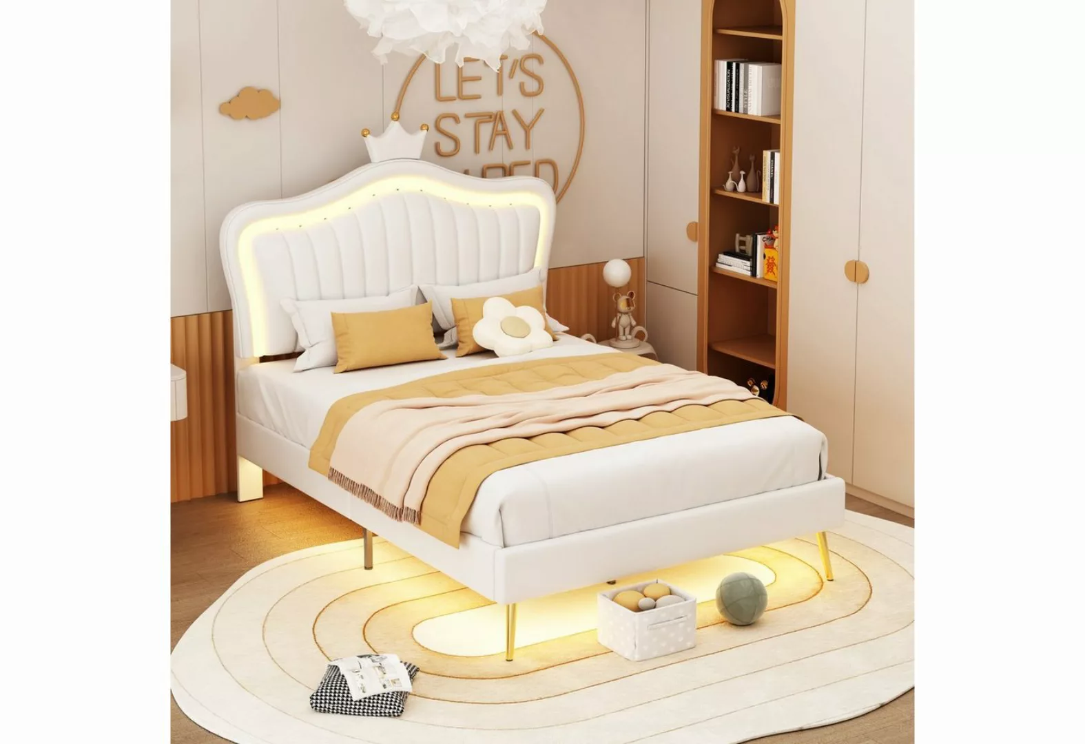 Celya Kinderbett Polsterbett 90x200cm mit LED-Leuchten, Lattenrost und Rück günstig online kaufen