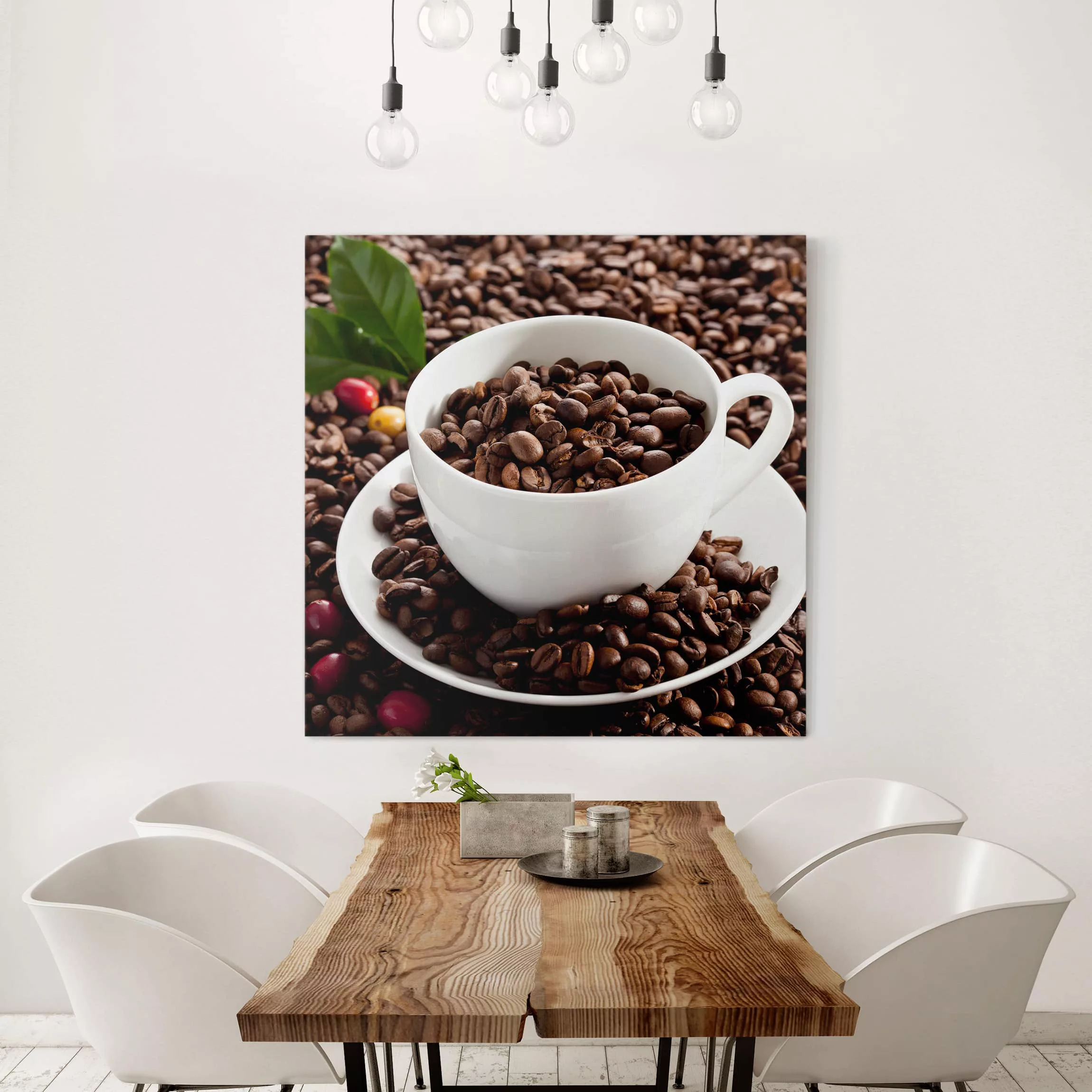 Leinwandbild Küche - Querformat Kaffeetasse mit gerösteten Kaffeebohnen günstig online kaufen