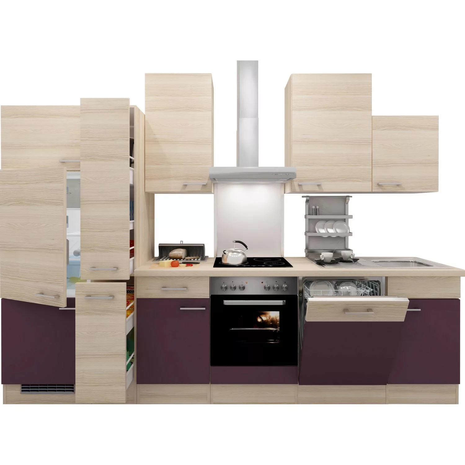 Flex-Well Exclusiv Küchenzeile Focus 310 cm Akazie Nachbildung Aubergine günstig online kaufen