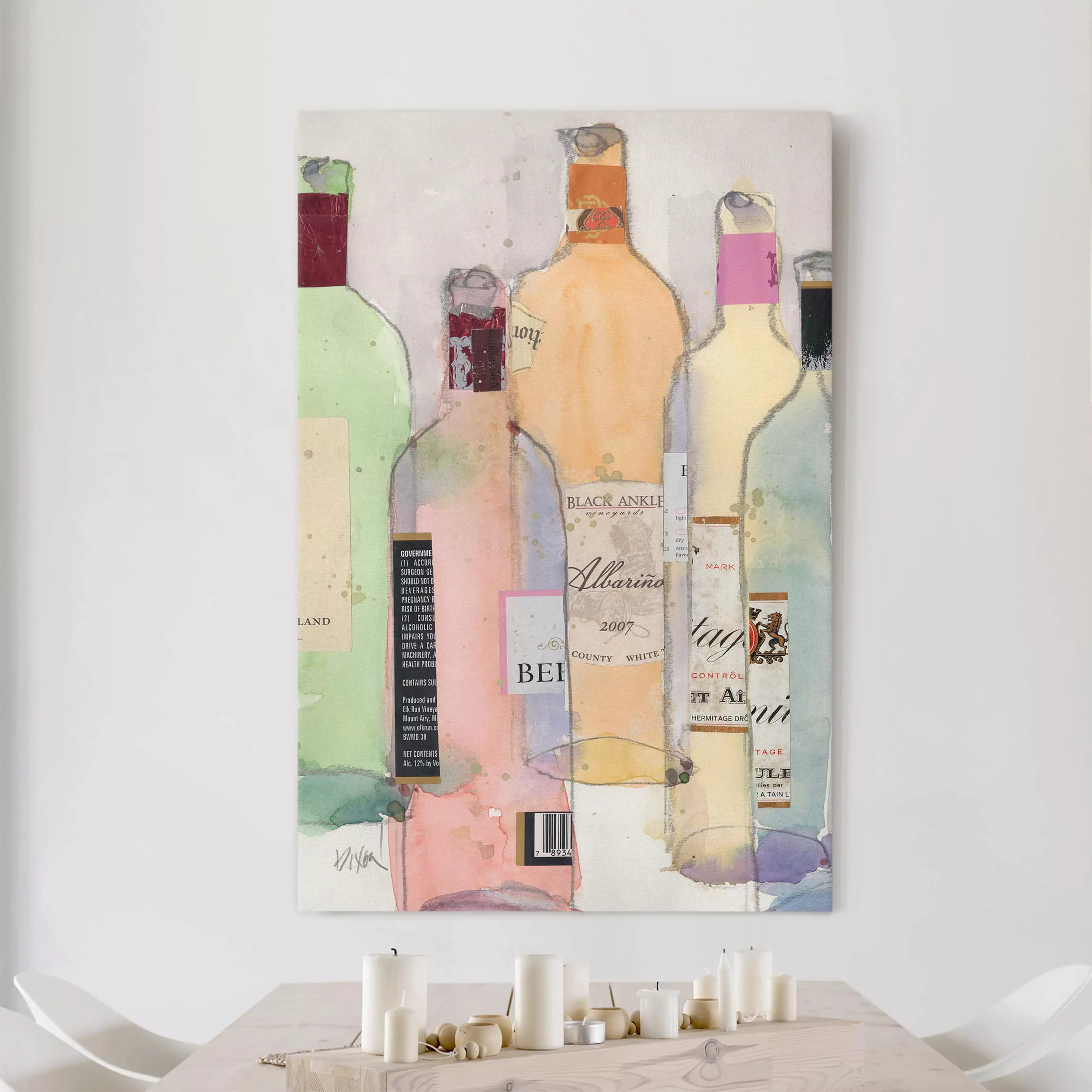 Leinwandbild Küche - Hochformat Weinflaschen in Wasserfarbe II günstig online kaufen