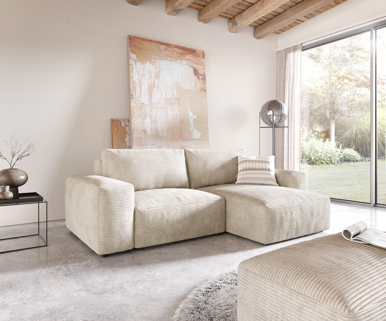 DELIFE Ecksofa Lanzo, L Cord Beige 260x160 cm Recamiere variabel mit Hocker günstig online kaufen