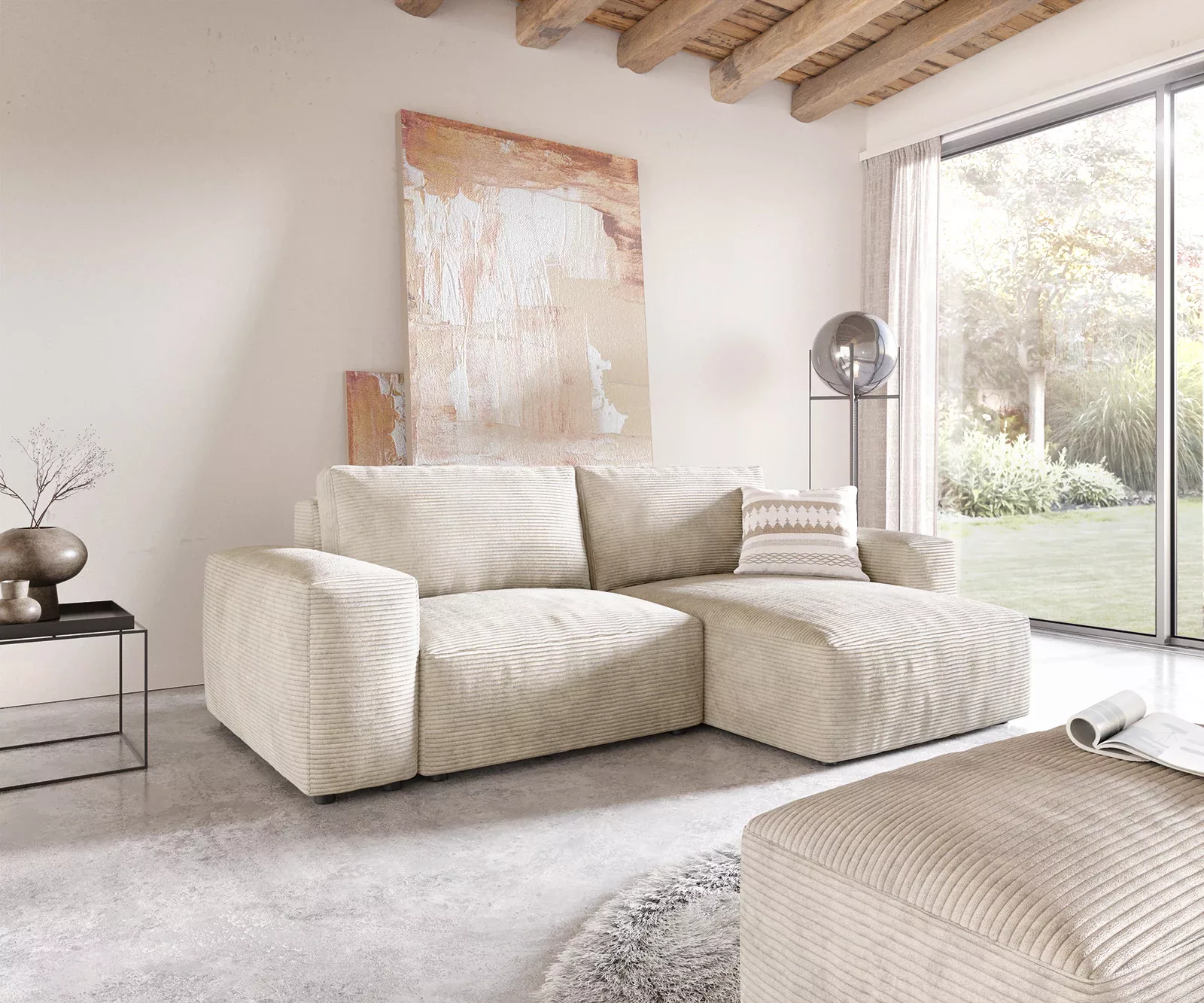 DELIFE Ecksofa Lanzo, L Cord Beige 260x160 cm Recamiere variabel mit Hocker günstig online kaufen