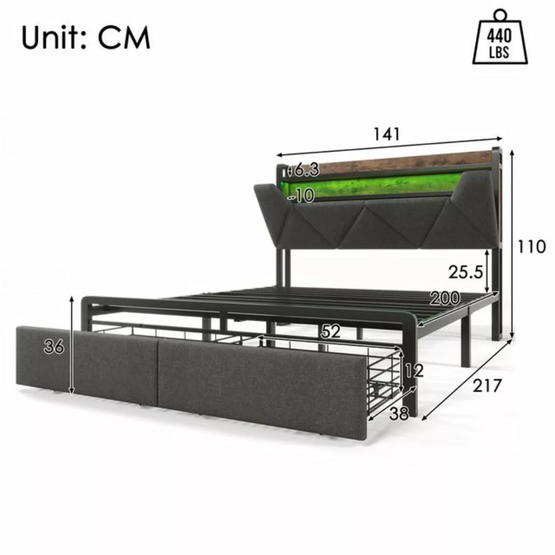 HAUSS SPLOE Polsterbett 140x 200 mit Ladefunktion Stauraum-Kopfteil LED Gra günstig online kaufen