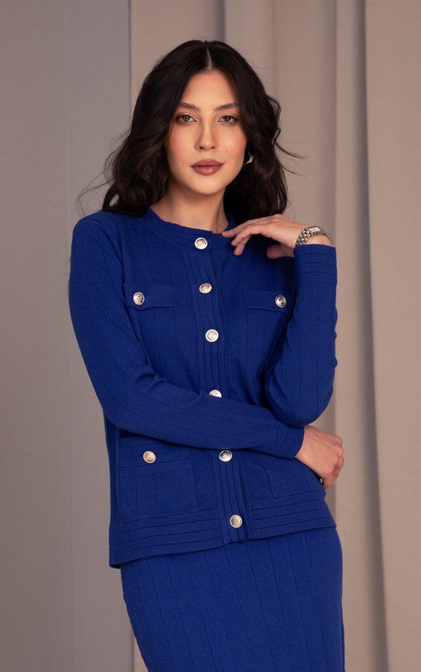 Passioni Strickjacke in Royal Blau mit goldenen Knopfdetails und Vordertasc günstig online kaufen