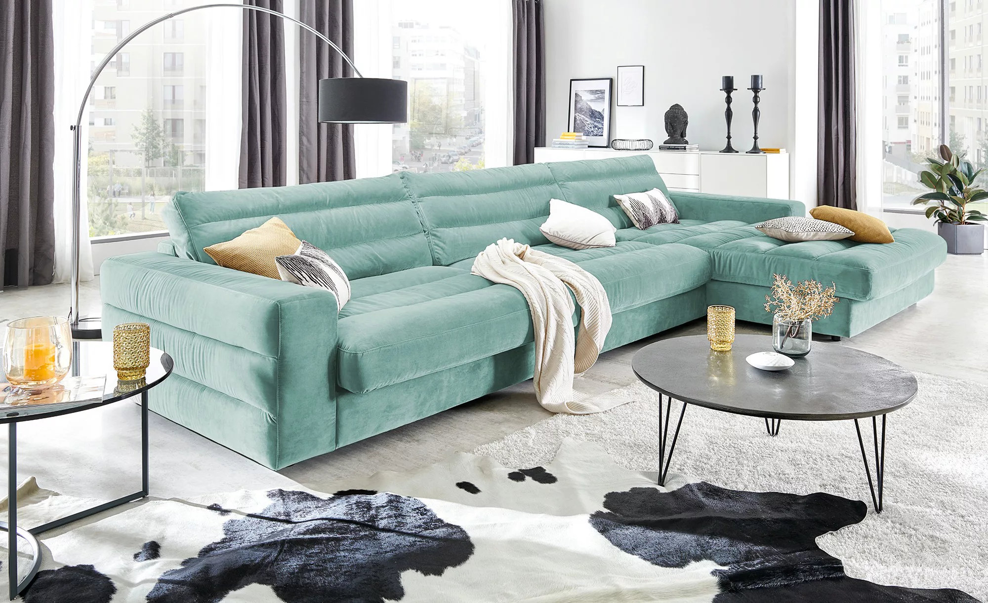 pop Ecksofa Samt  Scarlatti ¦ türkis/petrol ¦ Maße (cm): B: 416 H: 83 T: 20 günstig online kaufen