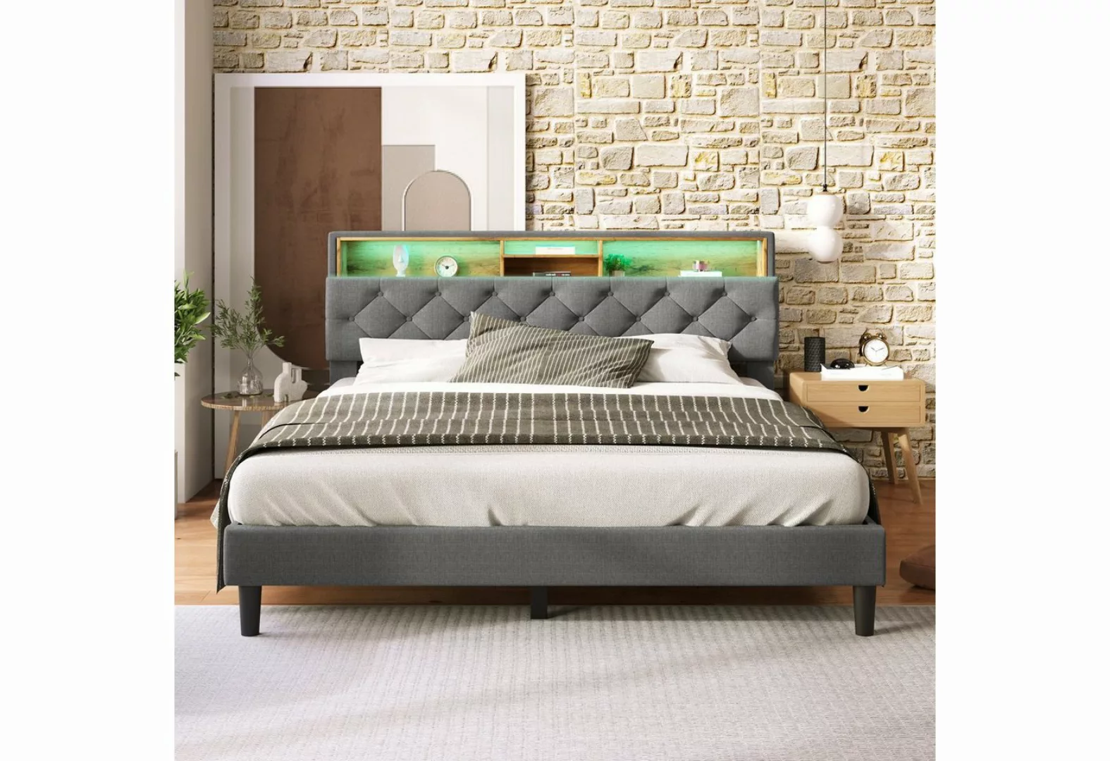 BlingBin Polsterbett Bett (mit LED-Beleuchtung, Lattenrost aus Holz, 140×20 günstig online kaufen