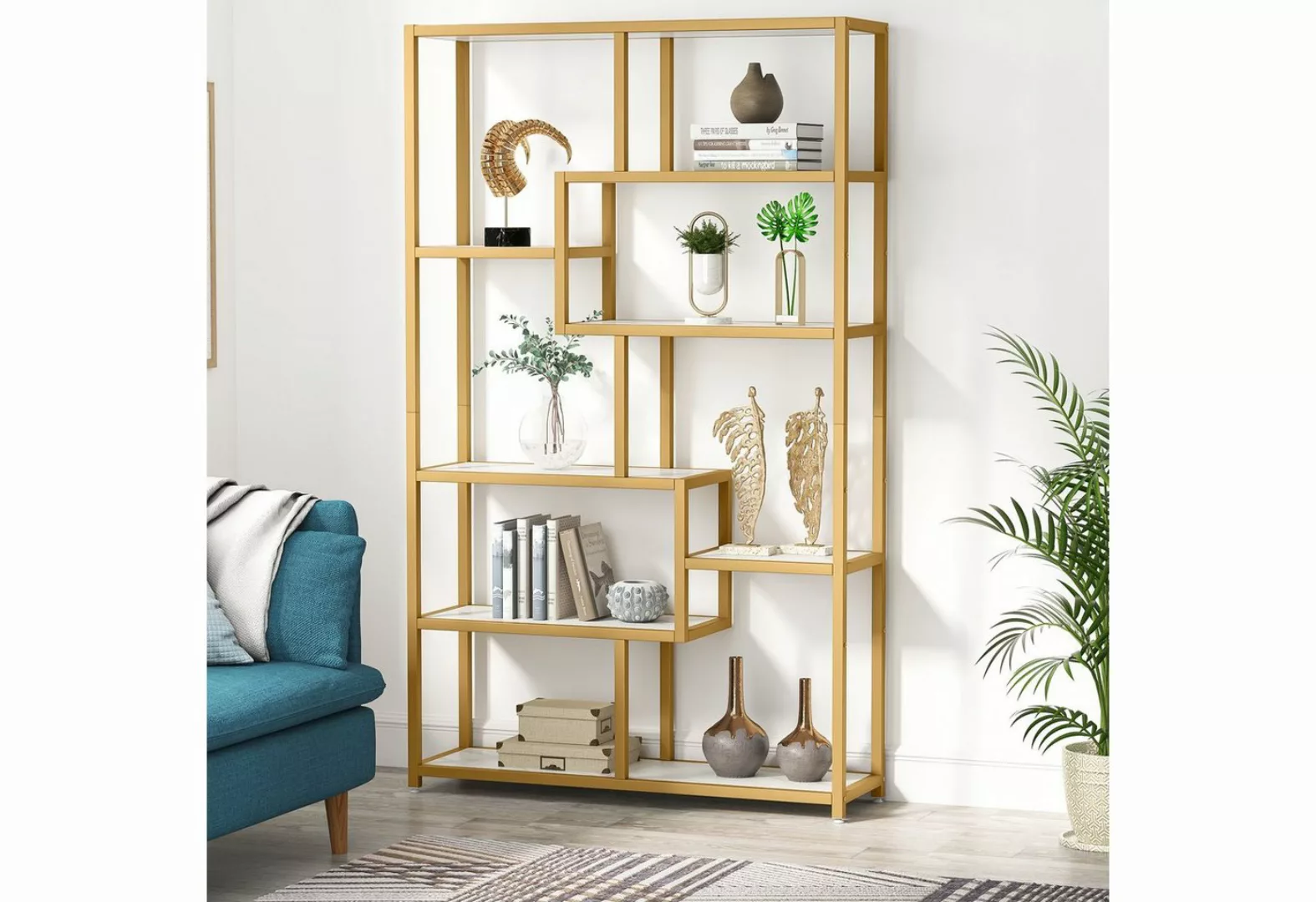 Tribesigns Vitrine 180 cm hohes Bücherregal, modernes Golden weißes Eck-Büc günstig online kaufen