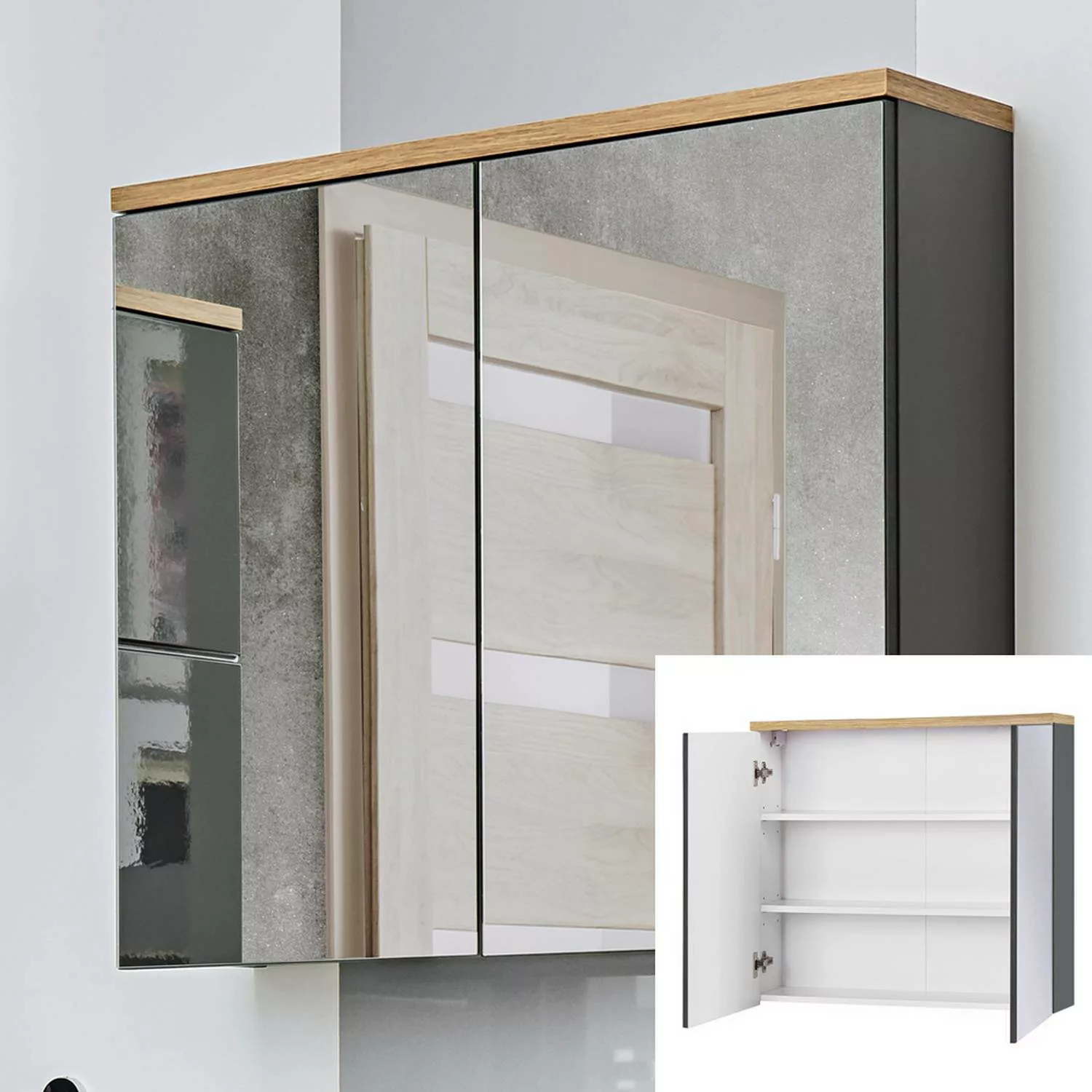 Spiegelschrank 80 cm SOLNA-56, grau mit Wotaneiche, B x H x T ca. 80 x 70 x günstig online kaufen