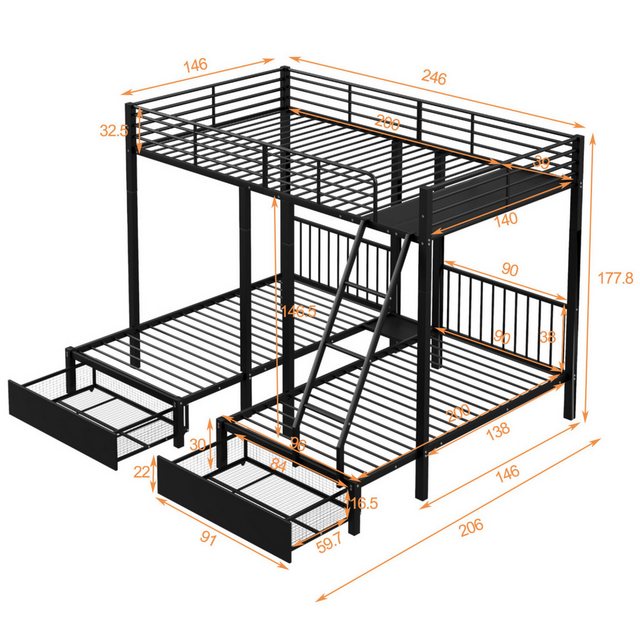 SeedWave Etagenbett Dreifaches Etagenbett mit Zwei Schubladen, Metall-Etage günstig online kaufen
