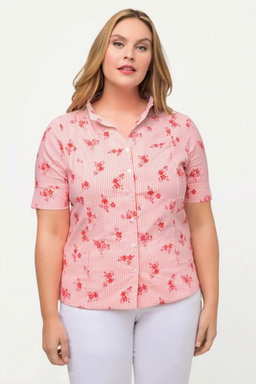 Ulla Popken Longbluse Bluse Blüten Streifen Kelchkragen Halbarm günstig online kaufen