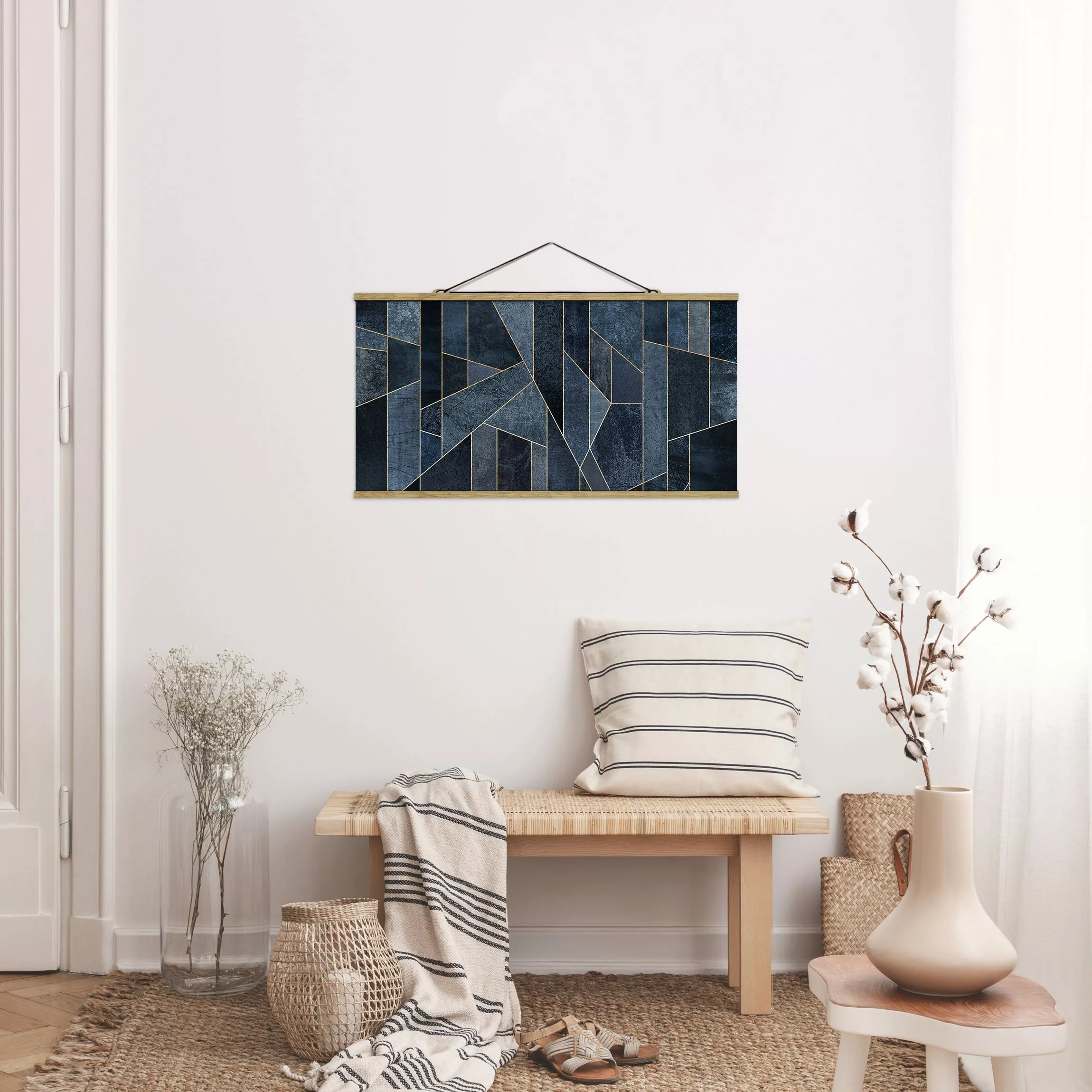 Stoffbild Abstrakt mit Posterleisten - Querformat Blaue Geometrie Aquarell günstig online kaufen