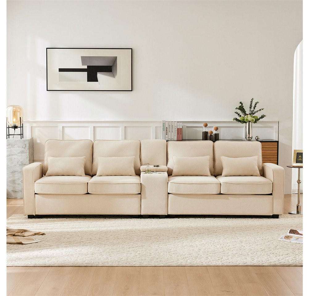 Sweiko Sofa 4-Sitzer-Sofa aus Leinenstoff mit 2 Getränkehaltern, 2 USB-Ansc günstig online kaufen