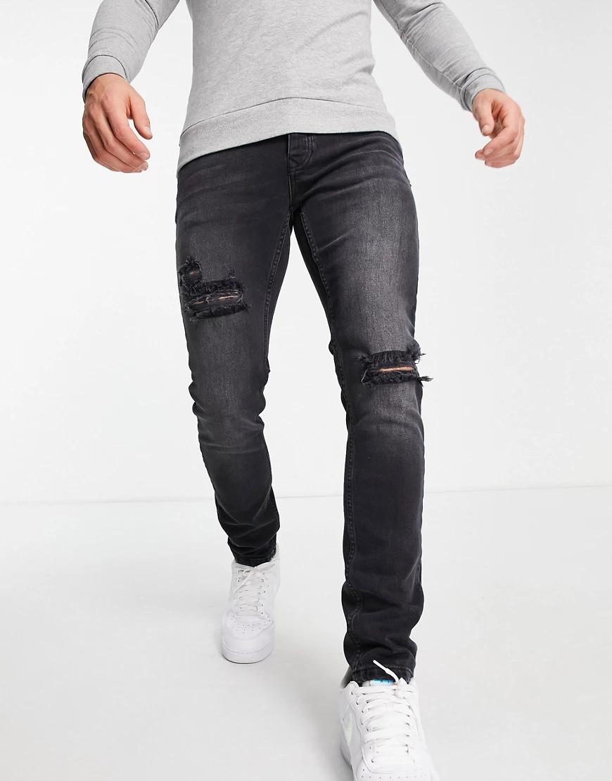 Topman – Stretch-Jeans in verwaschenem Schwarz mit engem Schnitt und Rissen günstig online kaufen