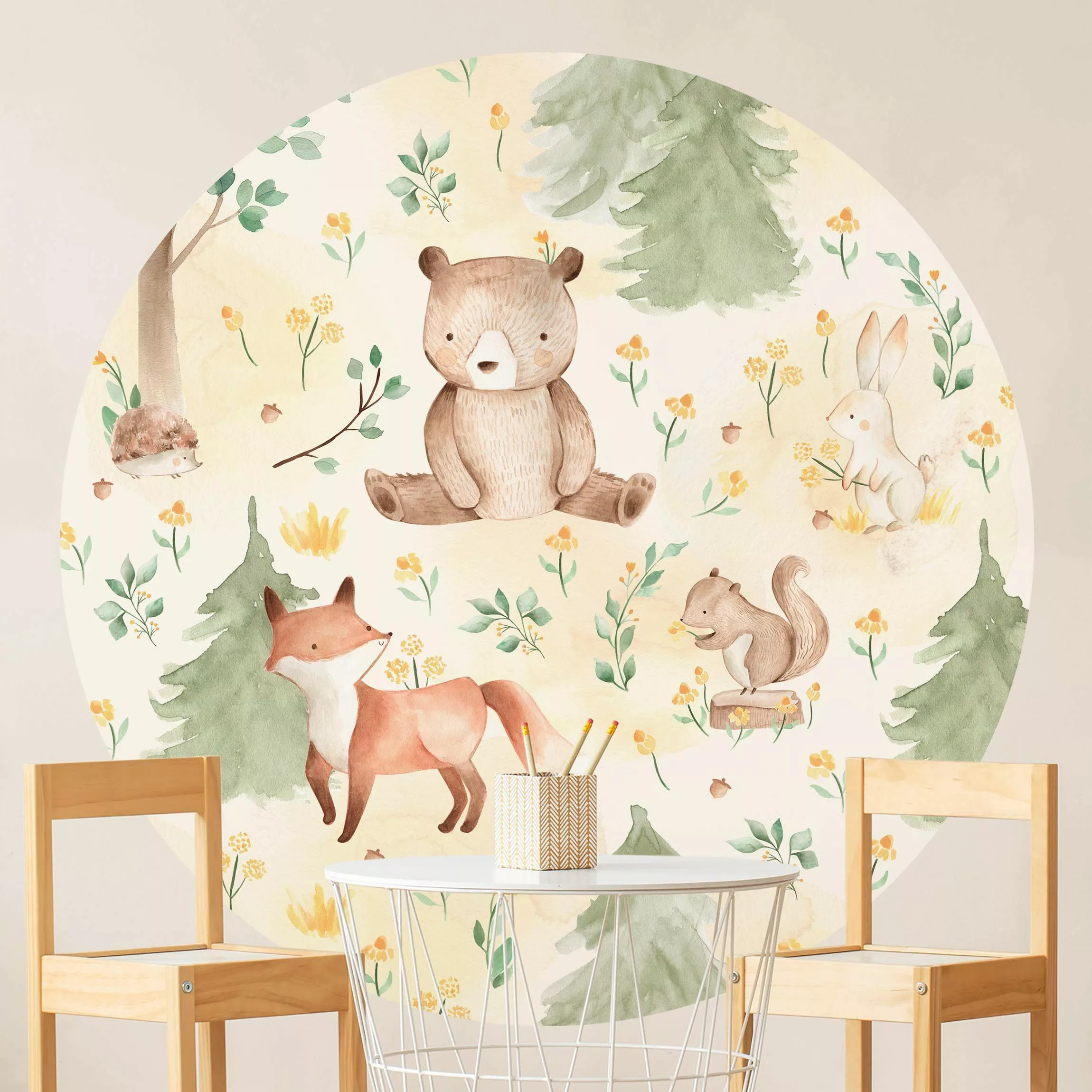 Runde Tapete selbstklebend Fuchs und Bär mit Blumen und Bäumen günstig online kaufen