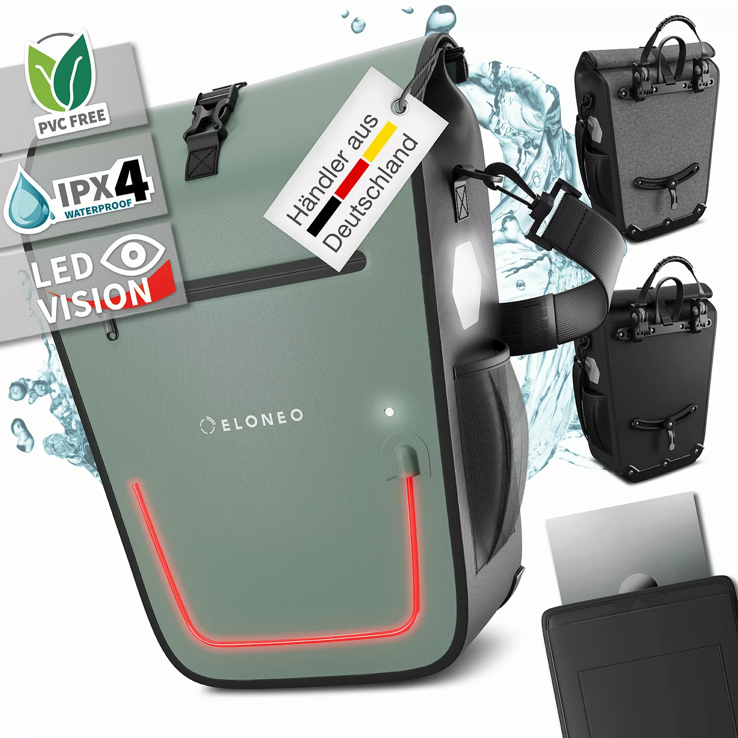ELONEO Fahrradtasche für Laptop, wasserdicht mit LED, 25L, Mintgrün günstig online kaufen