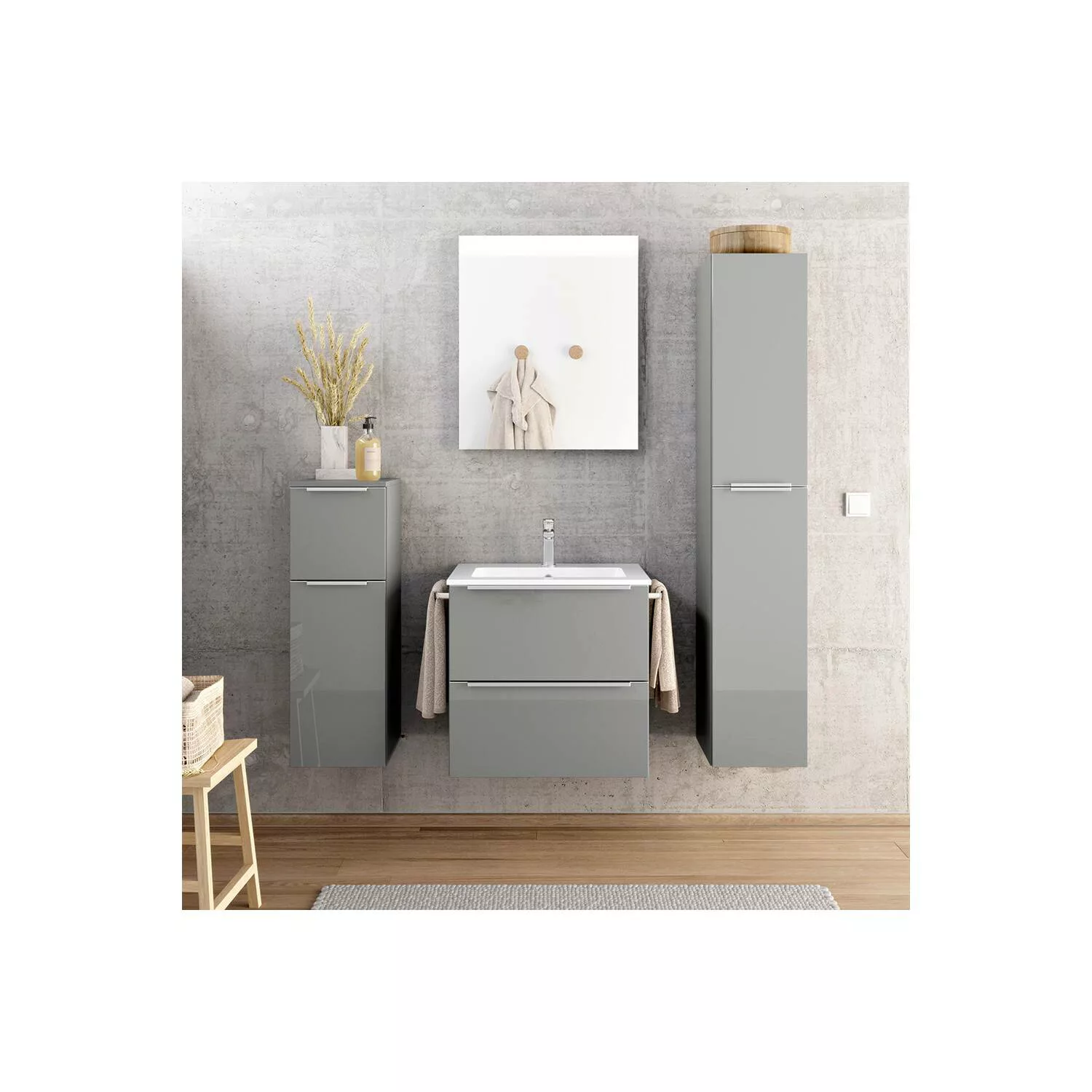 Badezimmermöbel Komplett Set mit 61cm Waschtisch, Spiegel und LED Beleuchtu günstig online kaufen