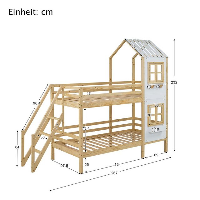 Celya Etagenbett mit Handlauf und Fenster, Hausbett, Kinderbett 90x200cm, m günstig online kaufen