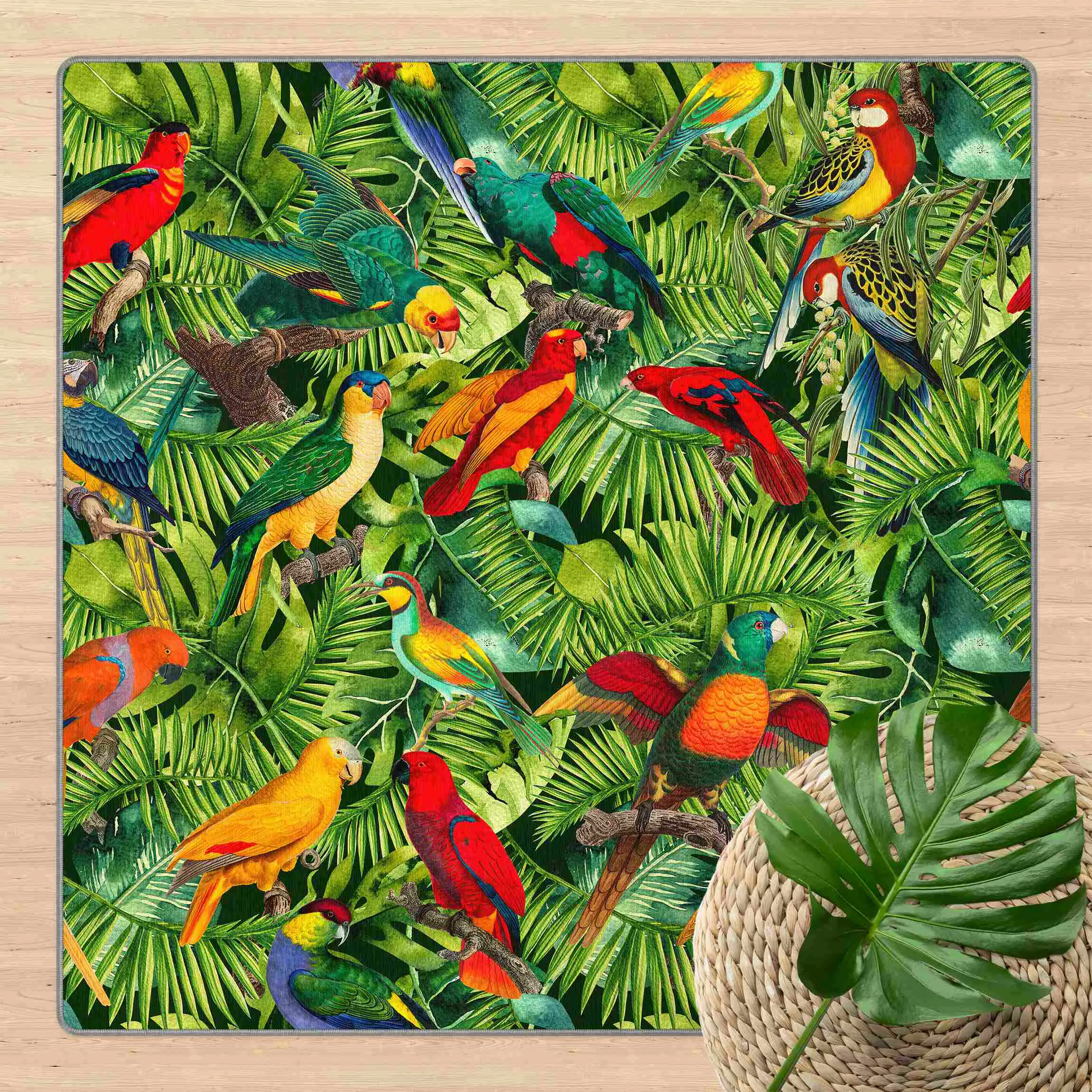 Teppich Bunte Collage - Papageien im Dschungel günstig online kaufen