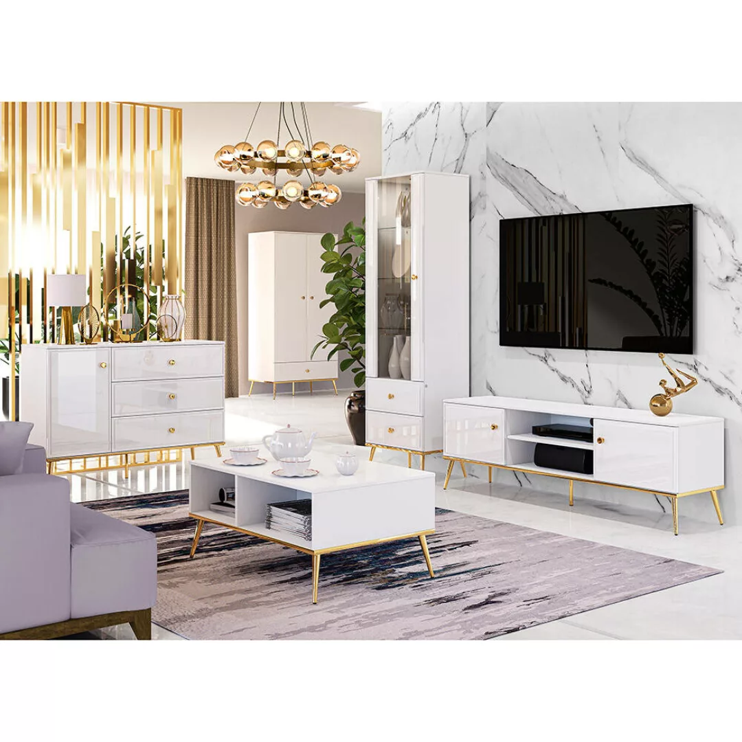 Wohnzimmer Komplett Set GUBIN-131 in weiß Hochglanz mit goldenen Akzenten günstig online kaufen