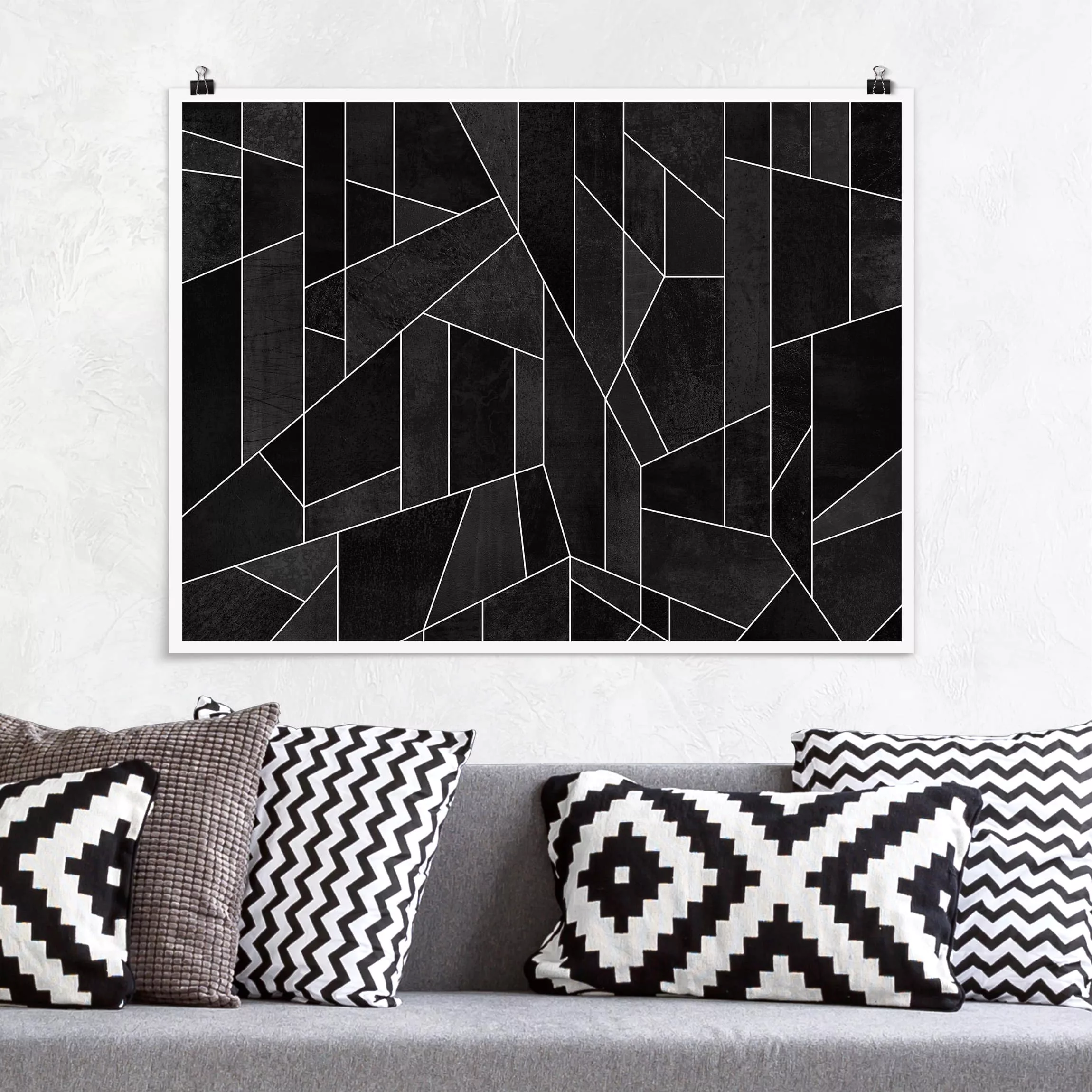 Poster Abstrakt - Querformat Schwarz Weiß Geometrie Aquarell günstig online kaufen