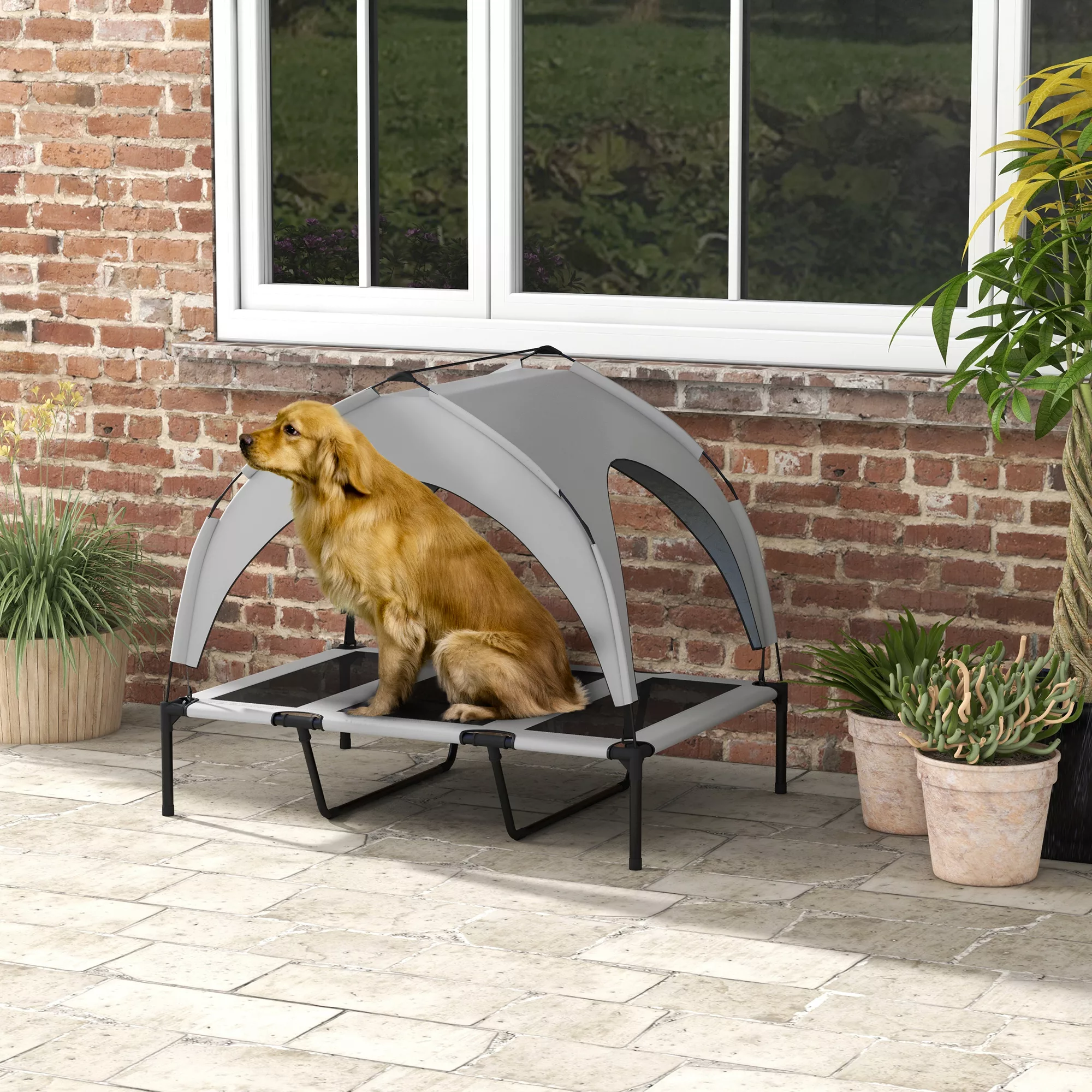 PawHut Erhöhtes Hundebett mit Baldachin, Haustierbett, Outdoor Hundeliege m günstig online kaufen