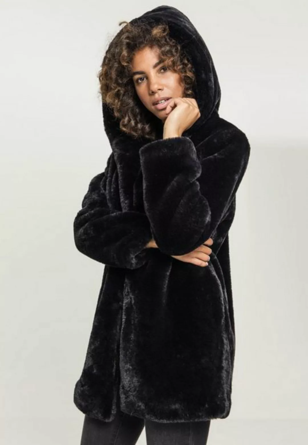 URBAN CLASSICS Fellimitatmantel TB2375 - Ladies Hooded Teddy Coat black S günstig online kaufen