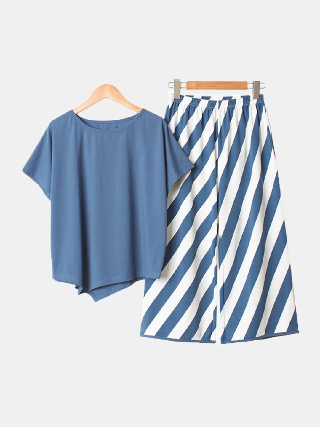 Baumwollpyjama für Damen gestreifte unregelmäßige Kurzarm lässige Nachtwäsc günstig online kaufen