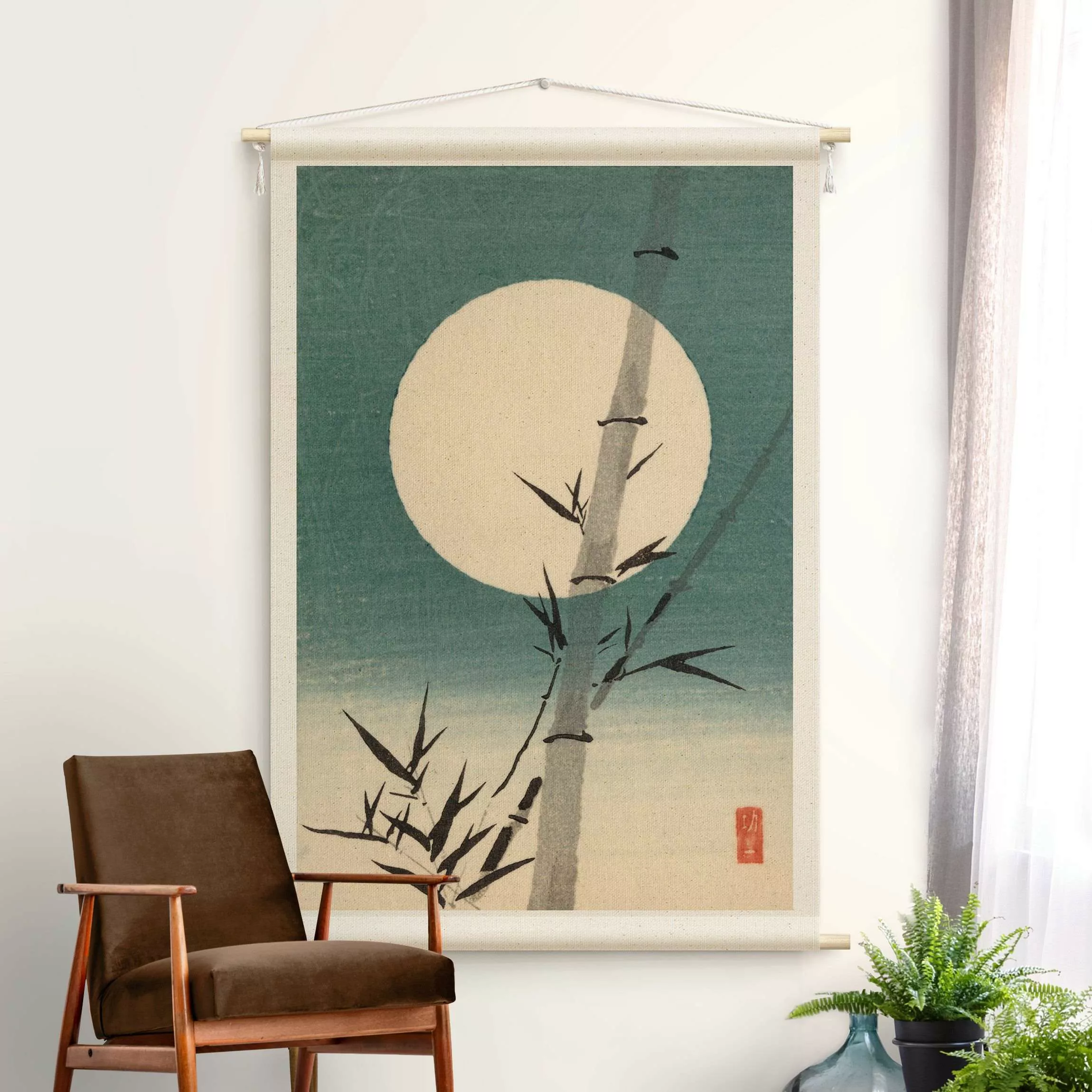 Wandteppich Japanische Zeichnung Bambus und Mond günstig online kaufen