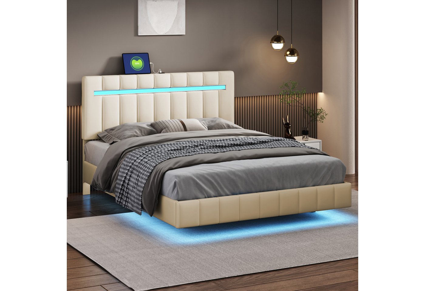 Ulife Polsterbett Doppelbett gepolsterter Schwebebett Rahmen mit LED-Leucht günstig online kaufen