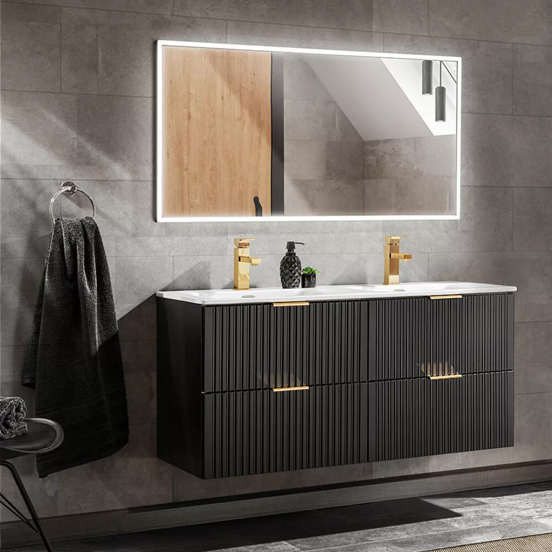 Badezimmermöbel Set, matt schwarz Rillenoptik, 120cm Waschtisch mit Untersc günstig online kaufen