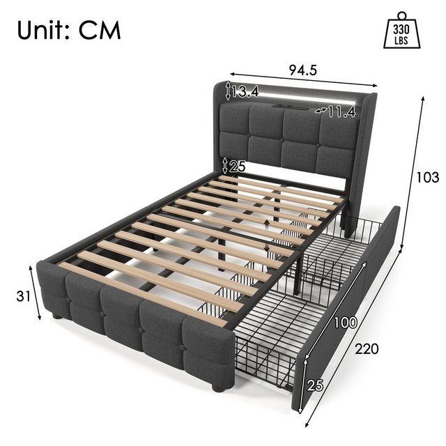 DOPWii Polsterbett Einzelbett mit USB Ladefunktion Kopfteil,LED-Licht,2 Sch günstig online kaufen