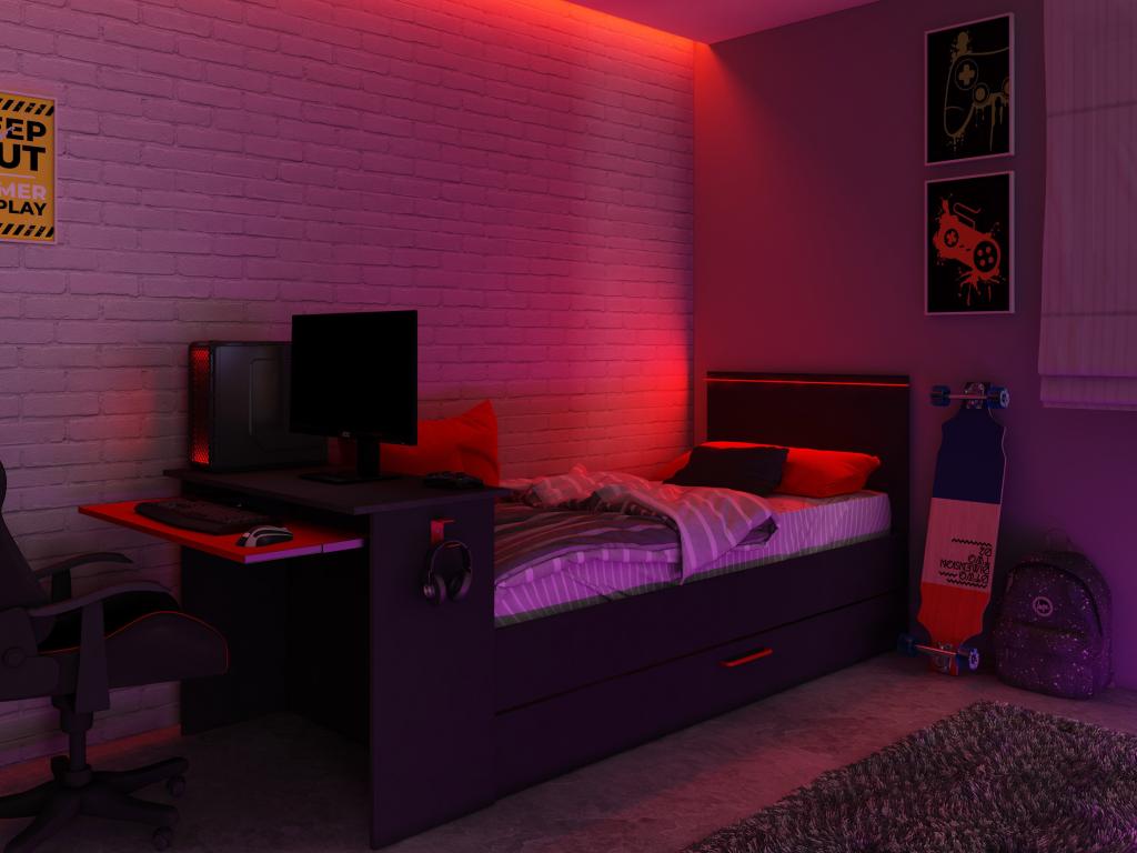 Ausziehbett Gamer mit Schreibtisch & LEDs - 90 x 200 und 90 x 190 cm + Latt günstig online kaufen