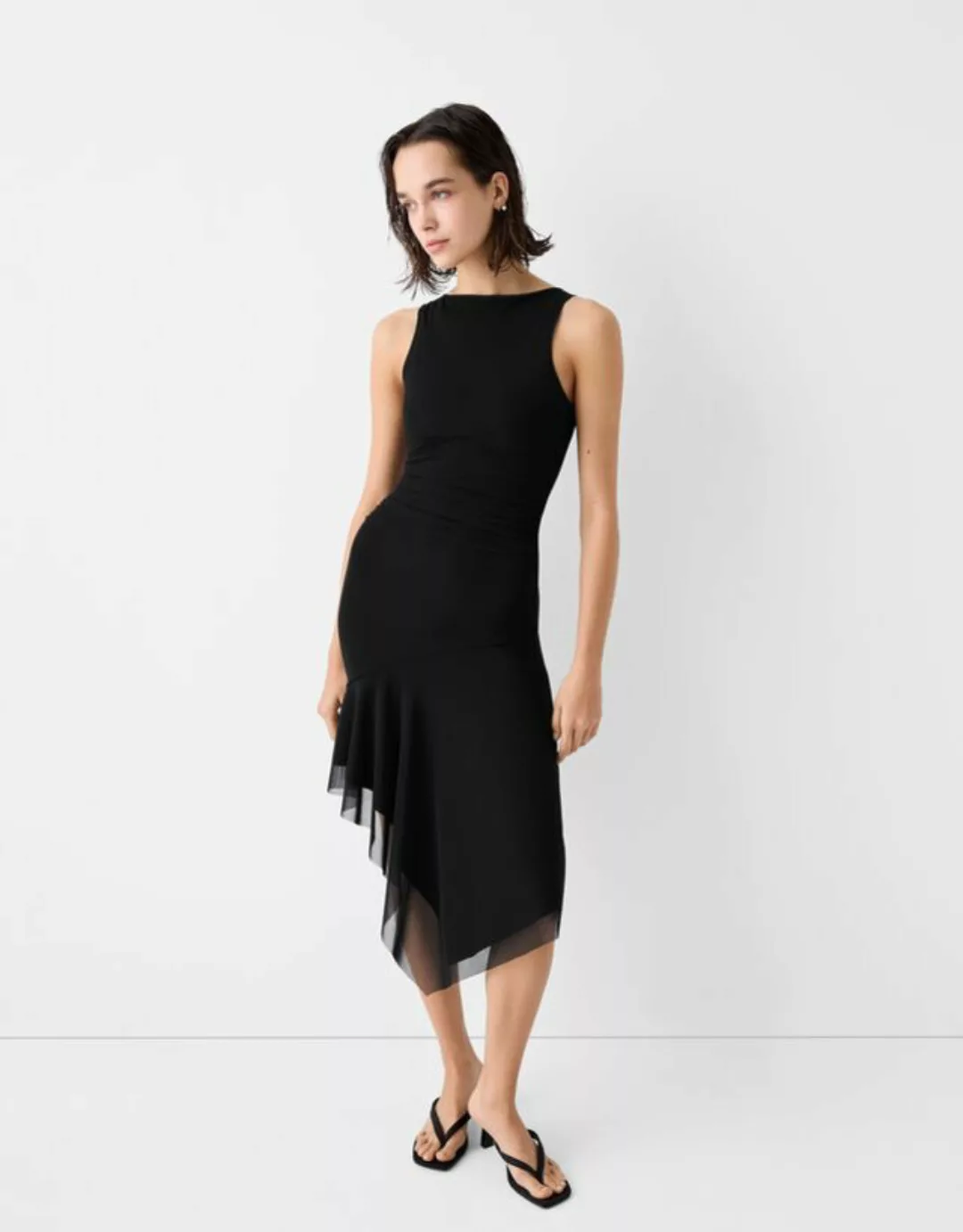 Bershka Ärmelloses Asymmetrisches Tüll-Midikleid Damen S Schwarz günstig online kaufen