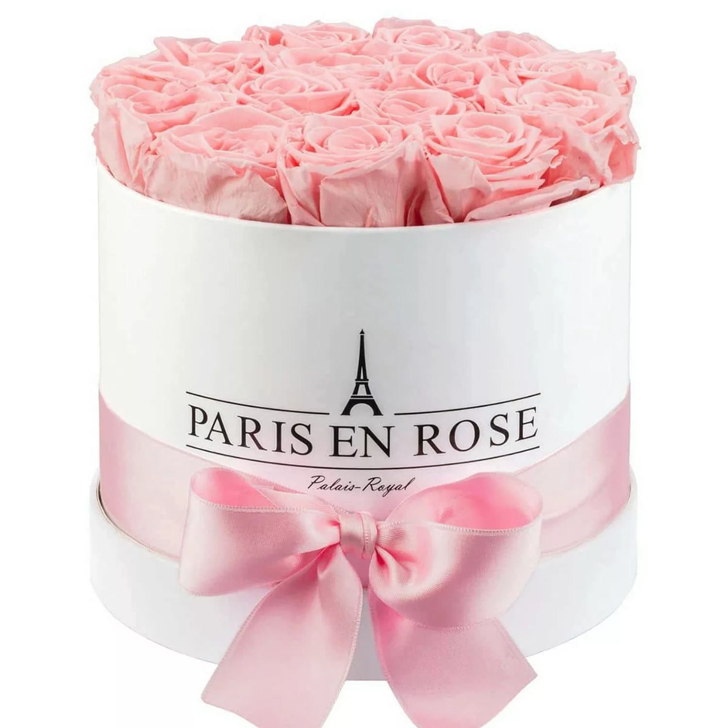 Rosenbox Ø 19 cm Weiß mit Schleife und 14 Rosa Rosen günstig online kaufen