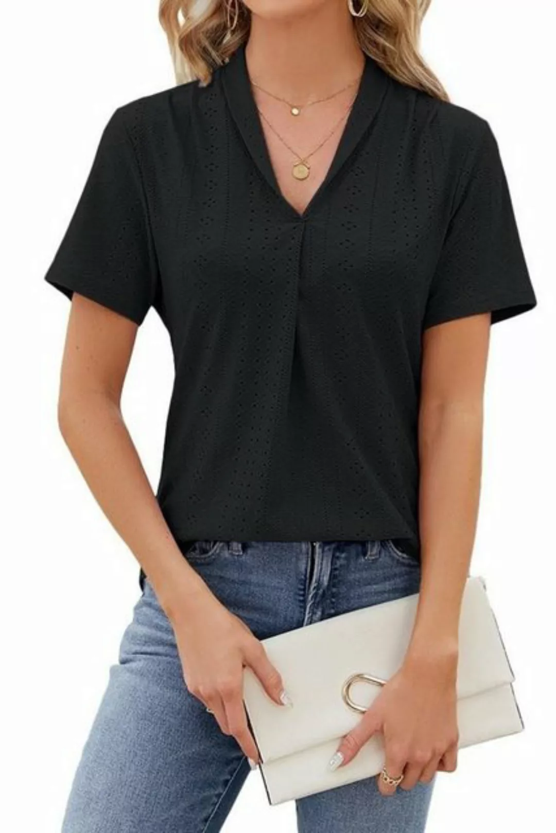 B.X 2-in-1-Shirt Damen kurzärmelig Jacquard V-Ausschnitt hohle Oberteile Re günstig online kaufen