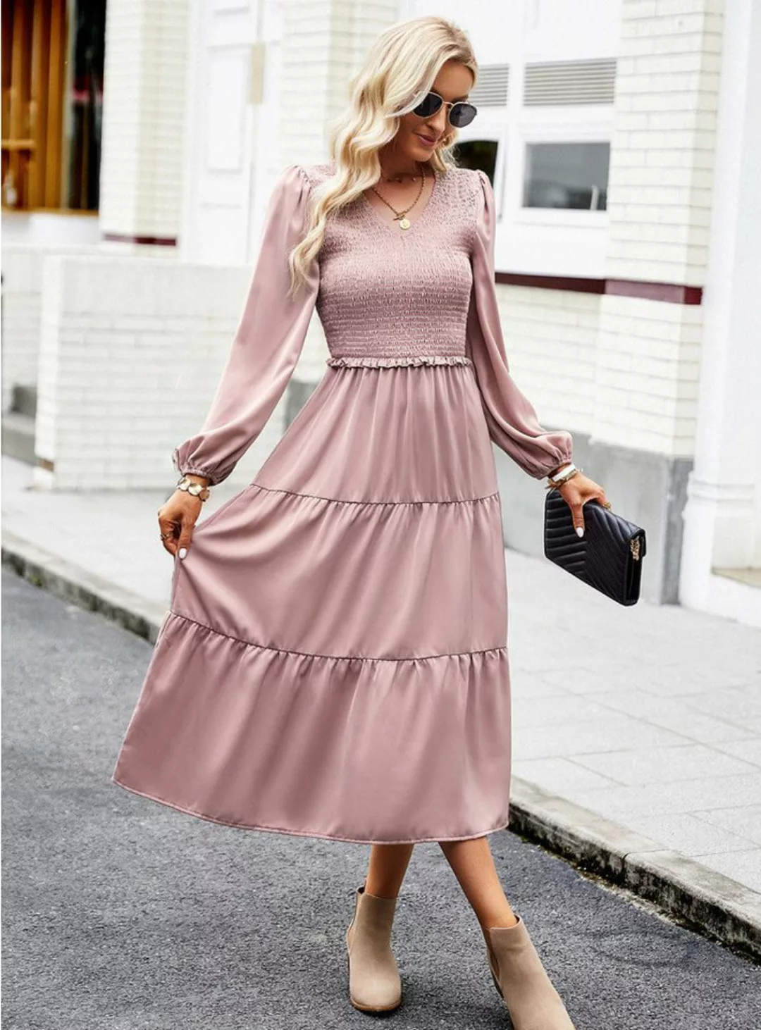 DEBAIJIA Dirndl Langärmeliges Kleid Damen Einfarbig V-Ausschnitt Elegant Fr günstig online kaufen