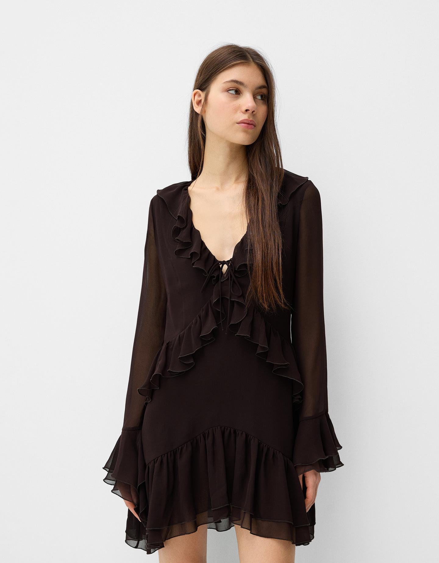 Bershka Minikleid Aus Chiffon Mit Volants Damen M Braun günstig online kaufen