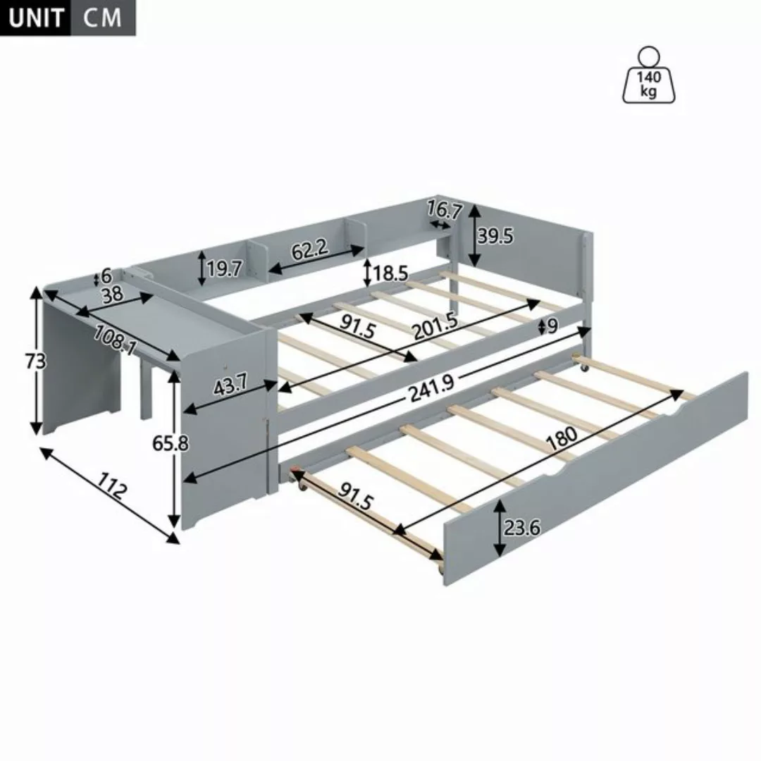 TavilaEcon Kinderbett Flachbett Holzbett aus Kiefer mit Schreibtisch für 2 günstig online kaufen