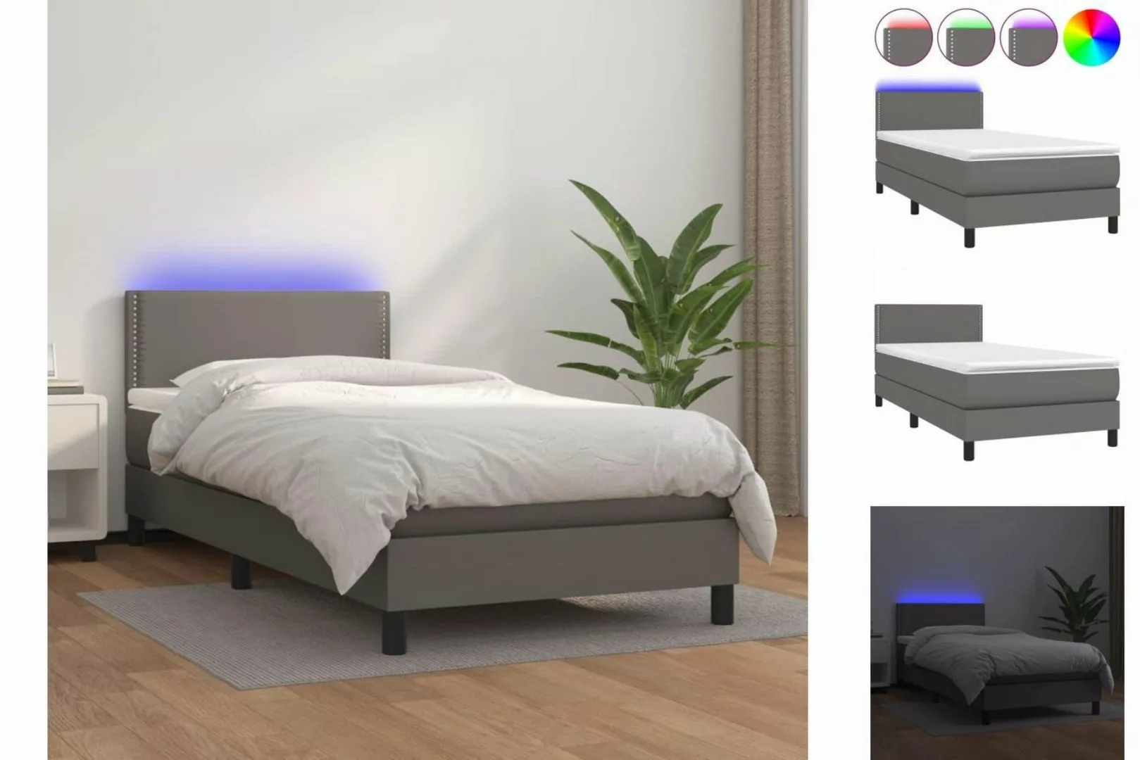 vidaXL Bettgestell Boxspringbett mit Matratze LED Grau 90x200 cm Kunstleder günstig online kaufen