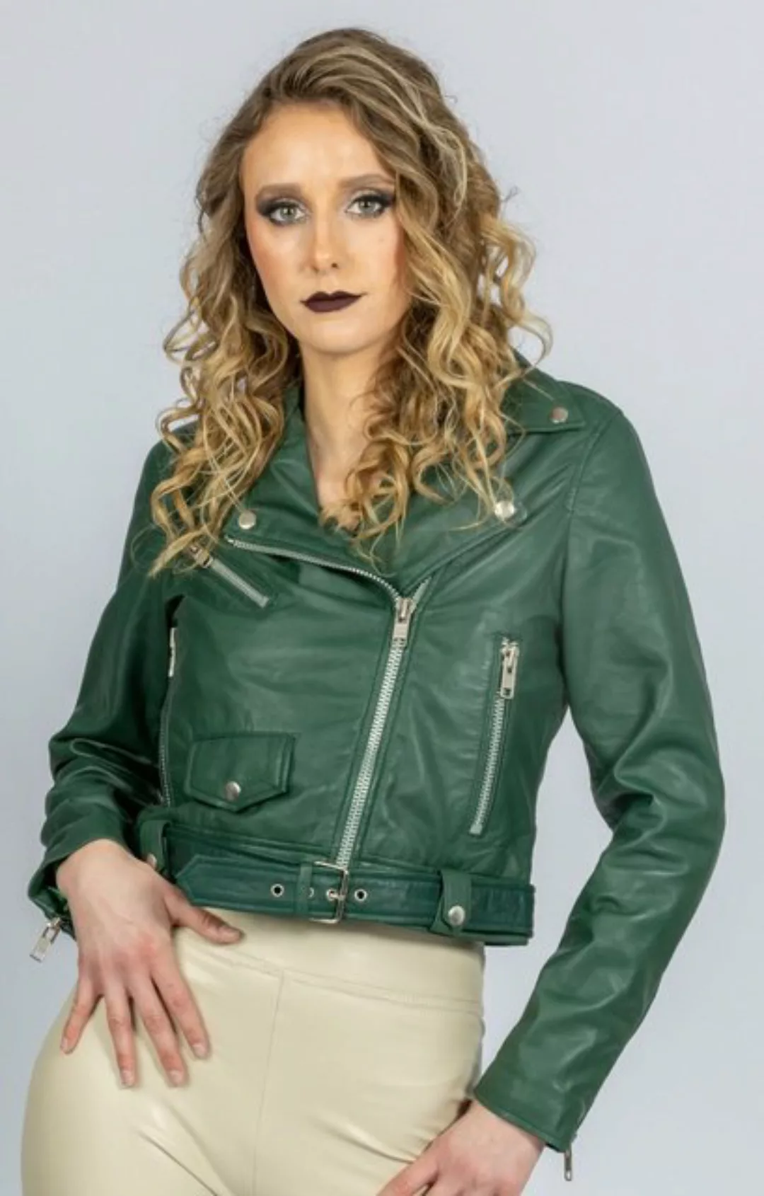 Be Noble Lederjacke Nevada grün Kurze Biker Lederjacke im MEGA Grün mit Gür günstig online kaufen