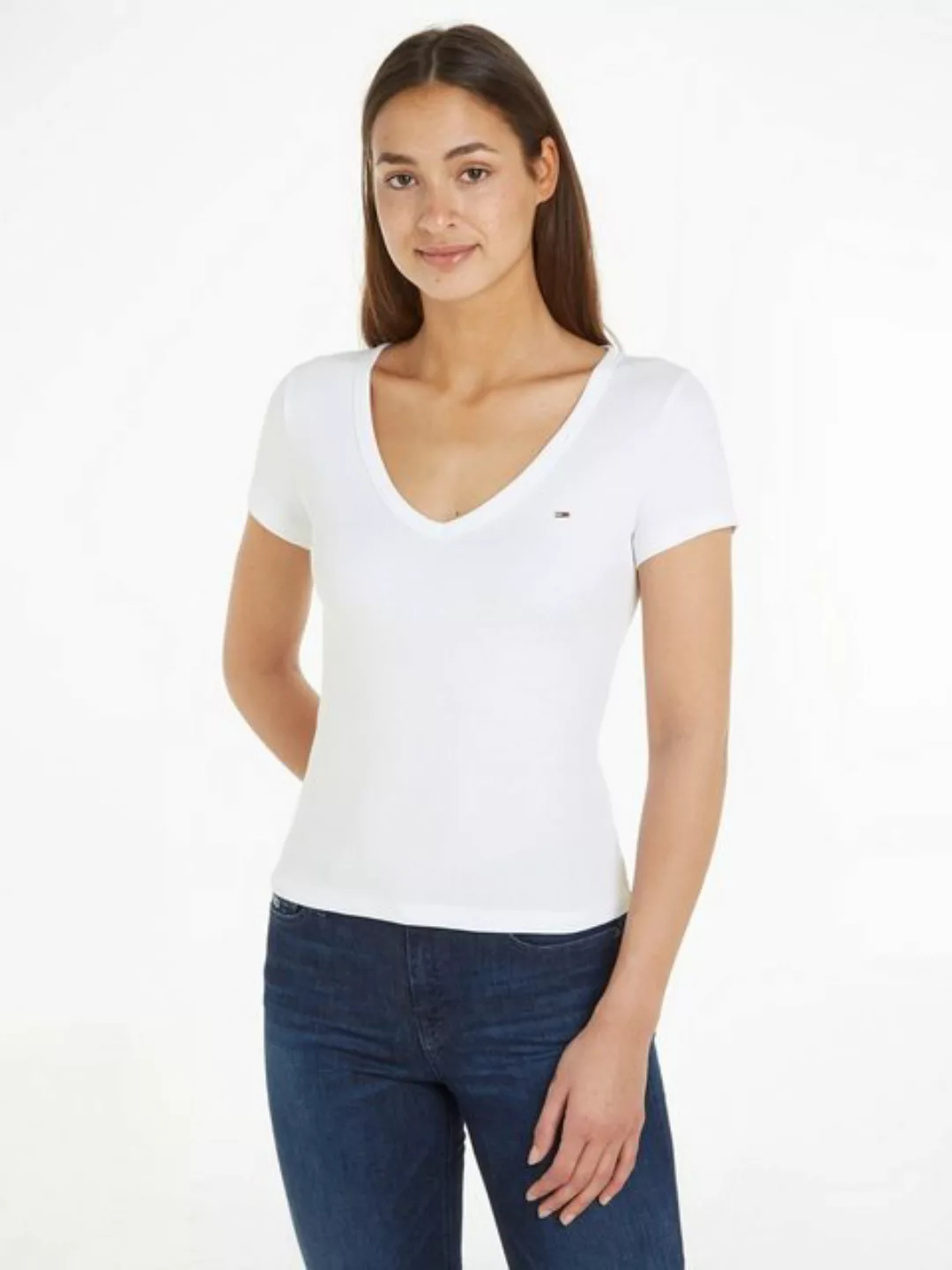 Tommy Jeans T-Shirt Slim Essential Rib V-Neck Rippshirt mit Logostickerei günstig online kaufen