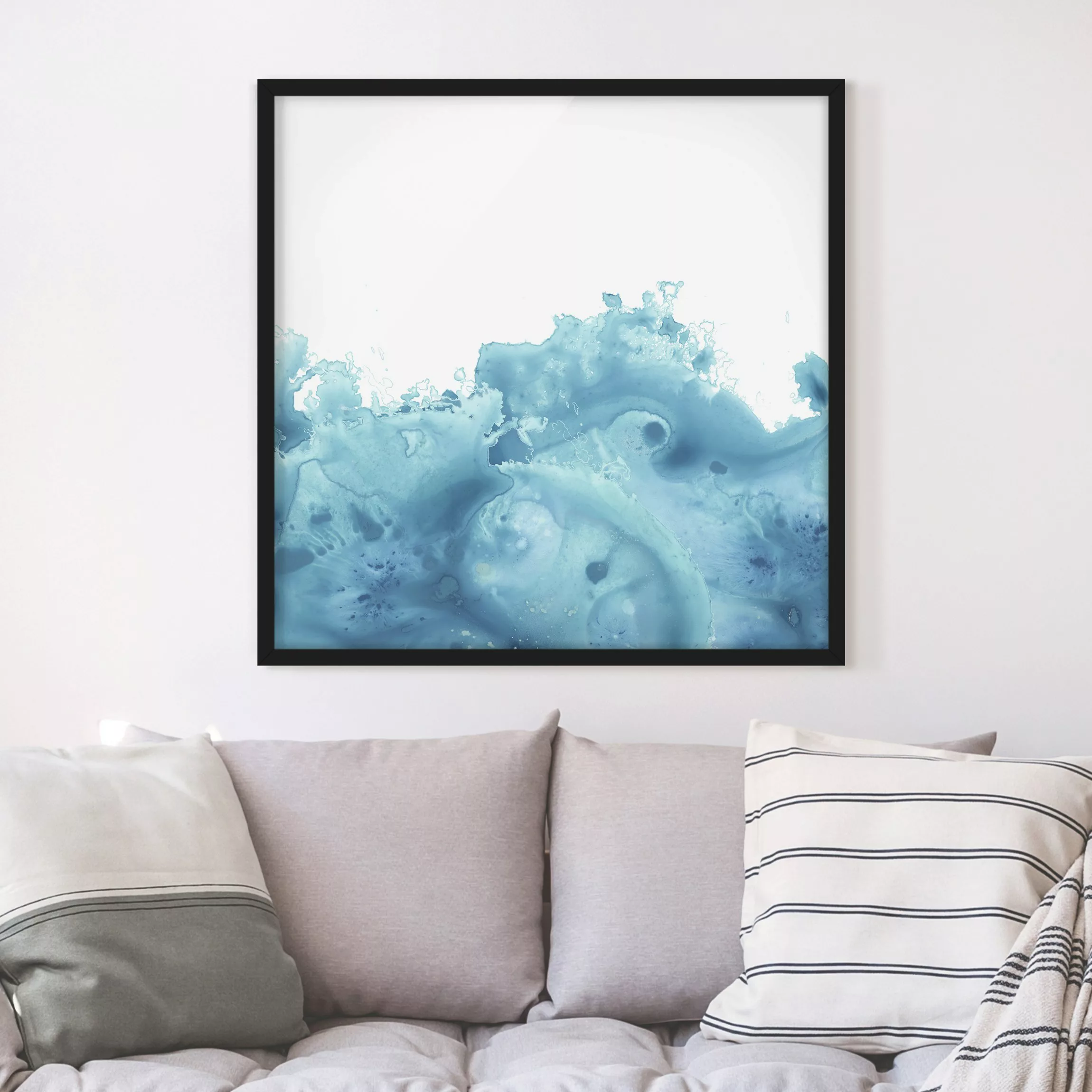 Bild mit Rahmen Abstrakt - Quadrat Welle Aquarell Türkis I günstig online kaufen
