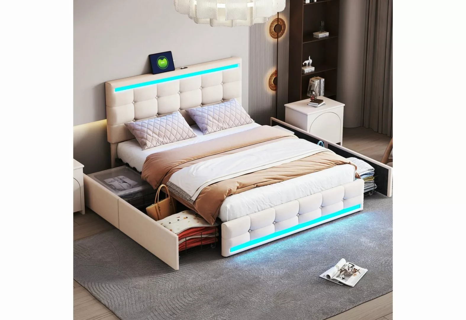OKWISH Polsterbett Doppelbett (140 * 200 ohne Matratze, Gepolstertes LED-Be günstig online kaufen
