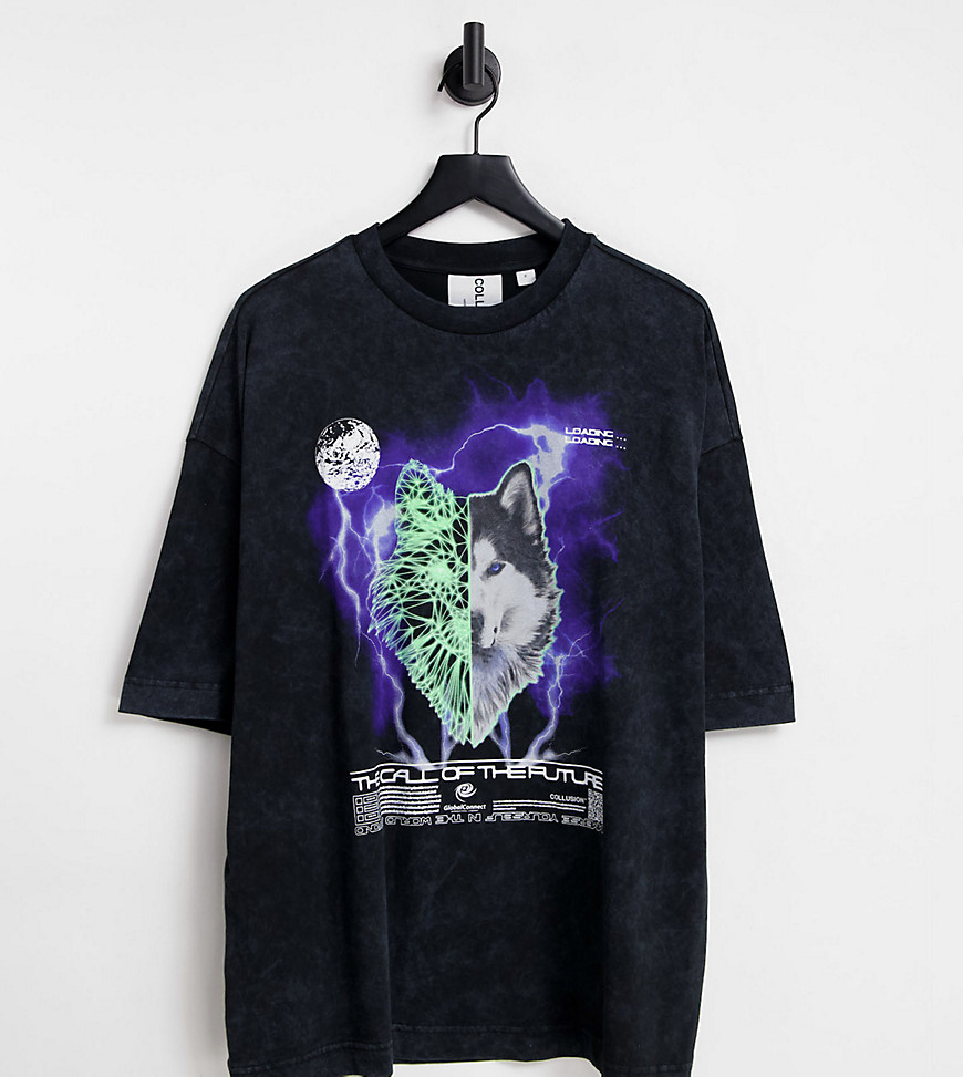 COLLUSION – Oversized-T-Shirt in verwaschenem Schwarz mit Wolf-Print günstig online kaufen