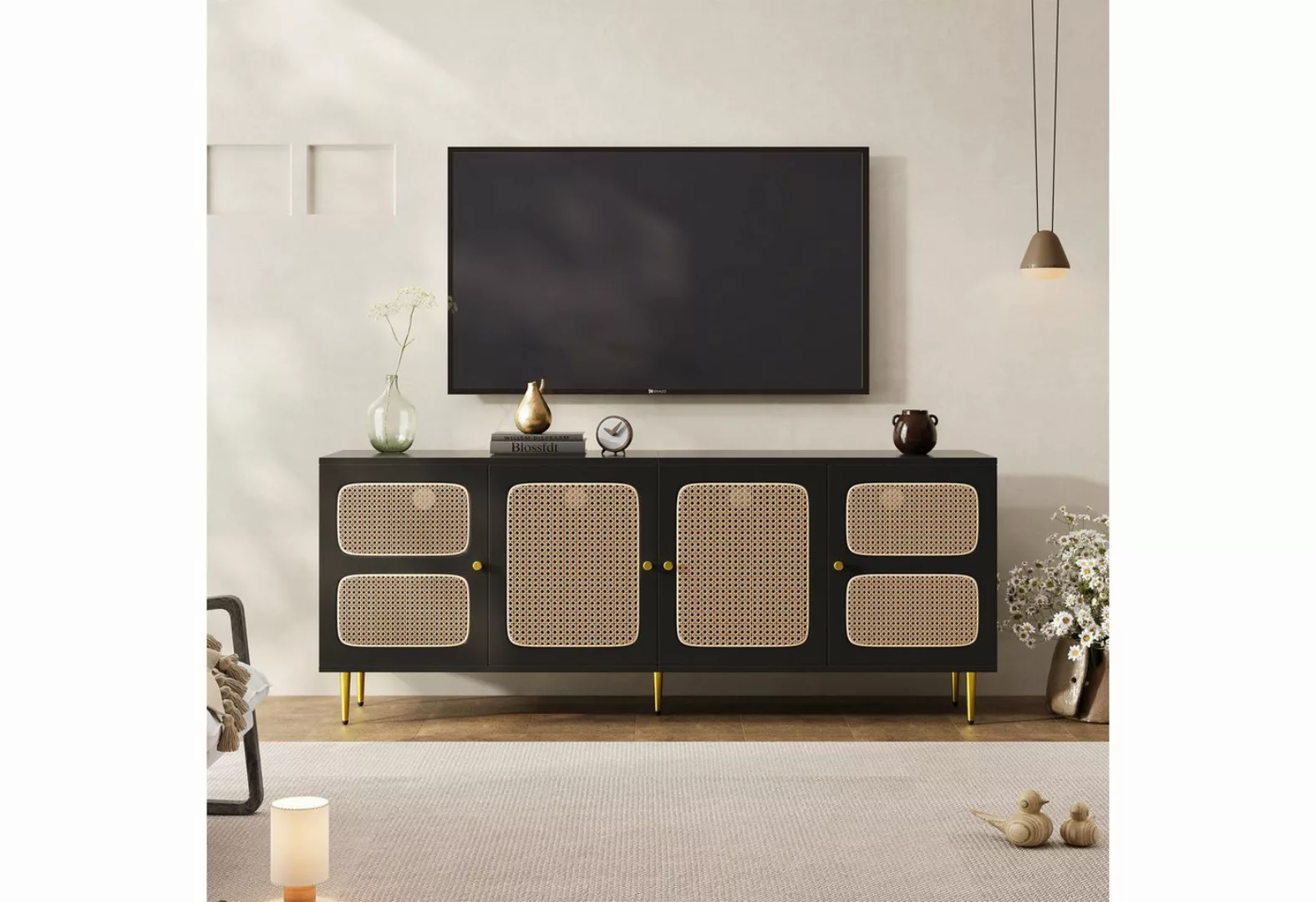 Merax TV-Schrank mit Rattantüren und verstellbaren Einlegeböden Sideboard m günstig online kaufen