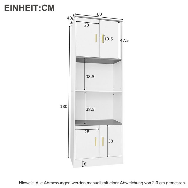 IDEASY Vitrine Bücherregale,Freistehende Vitrine 60x40x180 cm weiß (4 Türen günstig online kaufen