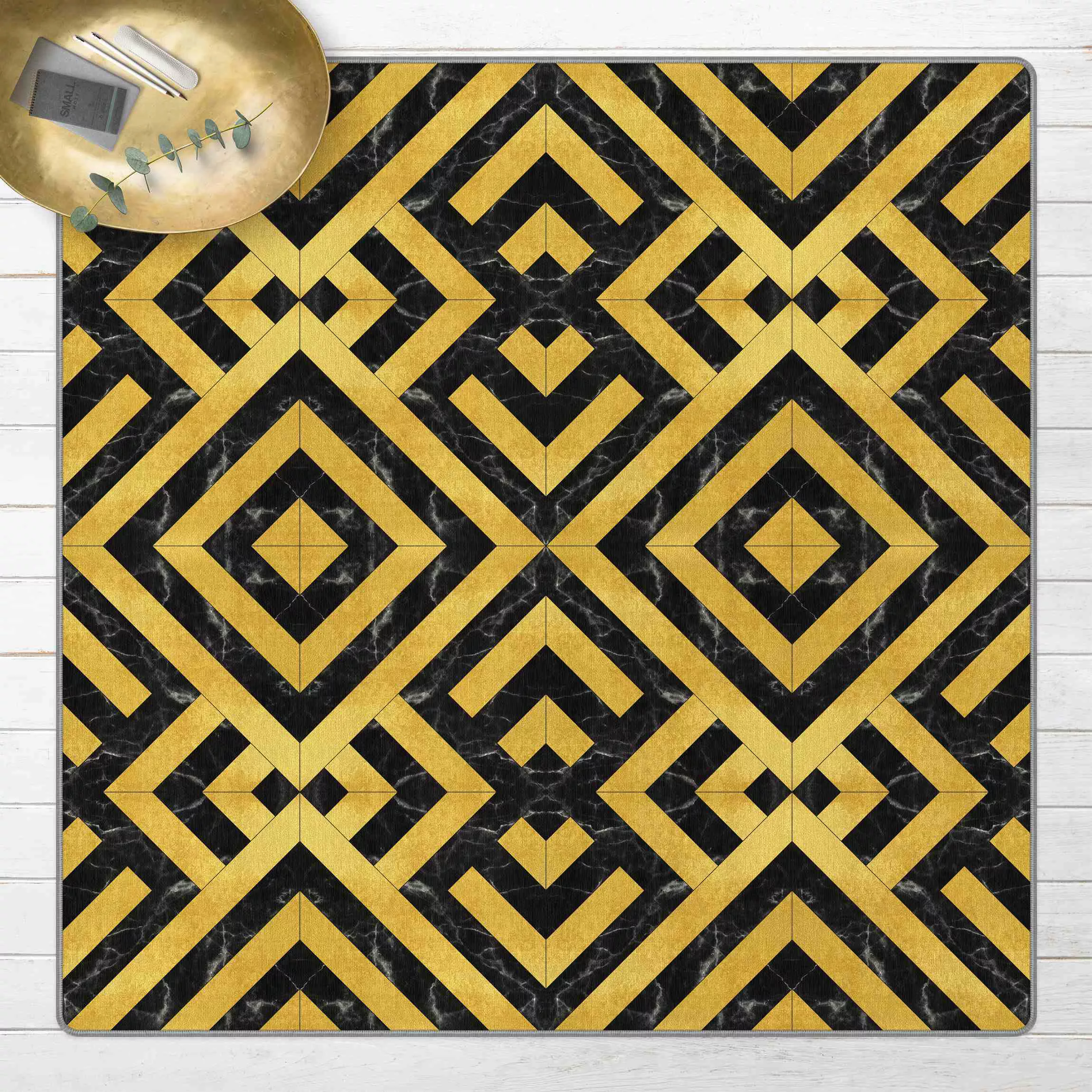 Teppich Geometrischer Fliesenmix Art Deco Gold Schwarzer Marmor günstig online kaufen