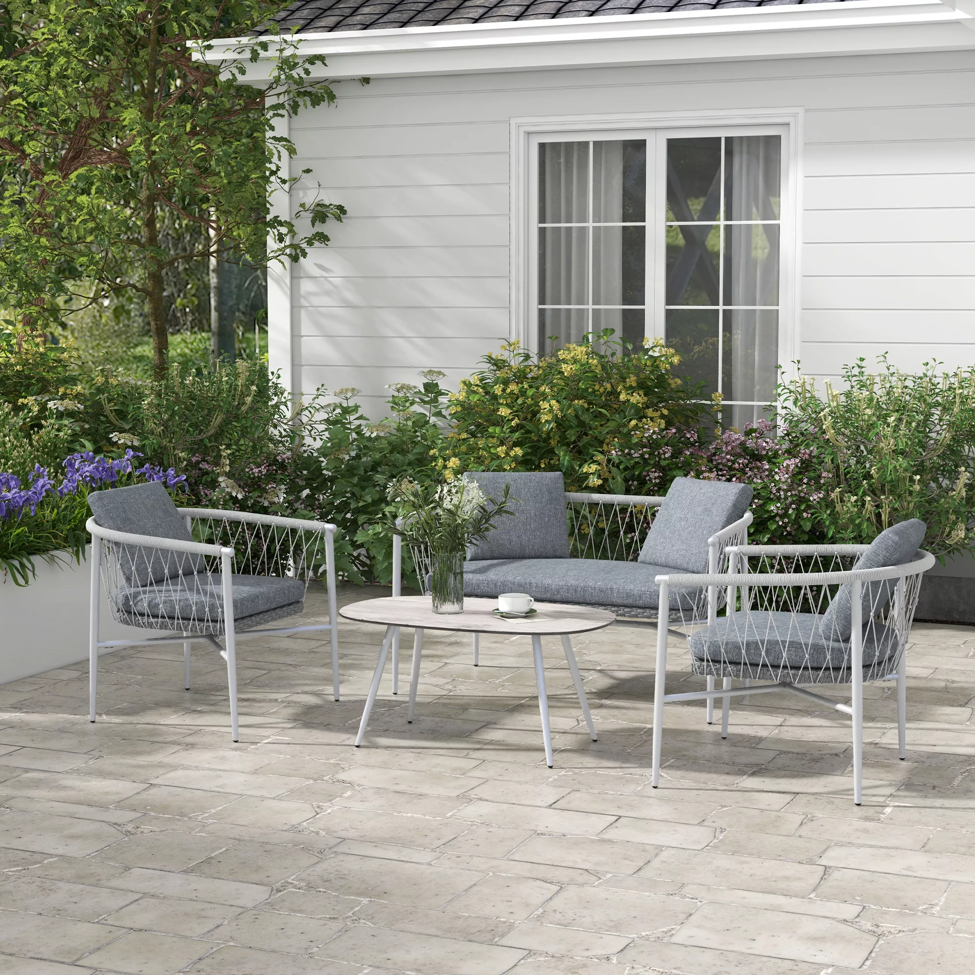 Outsunny 4 tlg Rattan Gartenmöbel-Set mit 1 Couchtisch 2 Sesseln und 1 Dopp günstig online kaufen