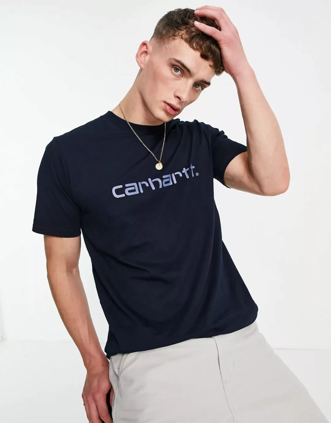 Carhartt WIP – Marineblaues T-Shirt mit Schriftzug günstig online kaufen